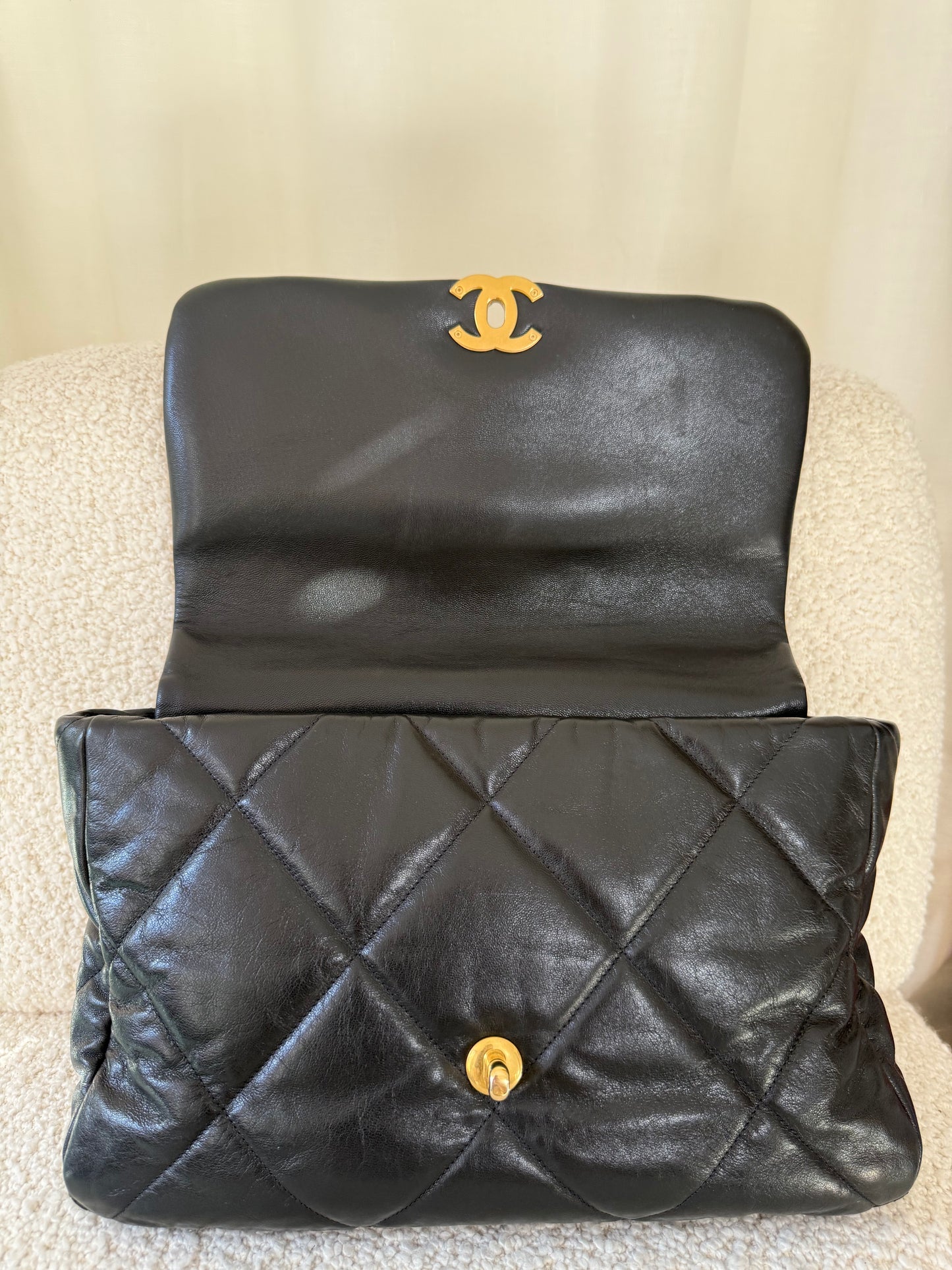 Chanel 19 Maxi Black Goatskin Quilted Leather Flap Bag