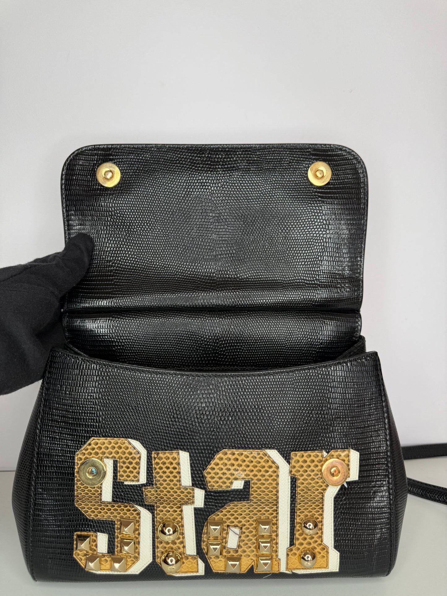 Dolce Gabbana Medium Miss Sicily 'I am a Star' Embellished Lizard Embossed Handbag