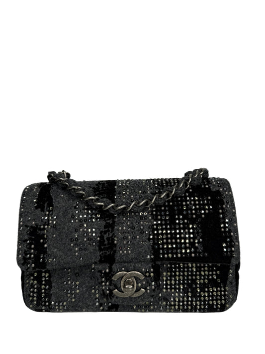 Chanel Black/Grey Felt/Velvet and Strass Mini Flap Ruthenium Hardware