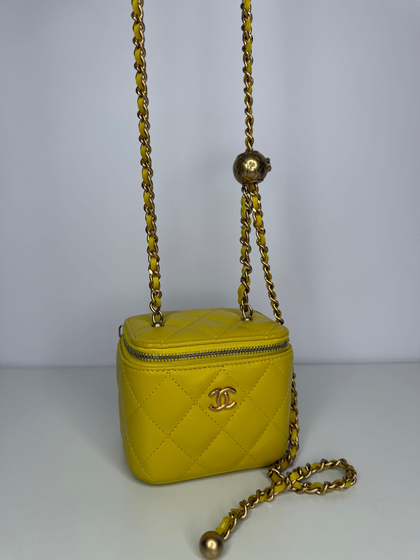 Chanel Yellow Lambskin Quilted Pearl Crush Mini Vanity Case