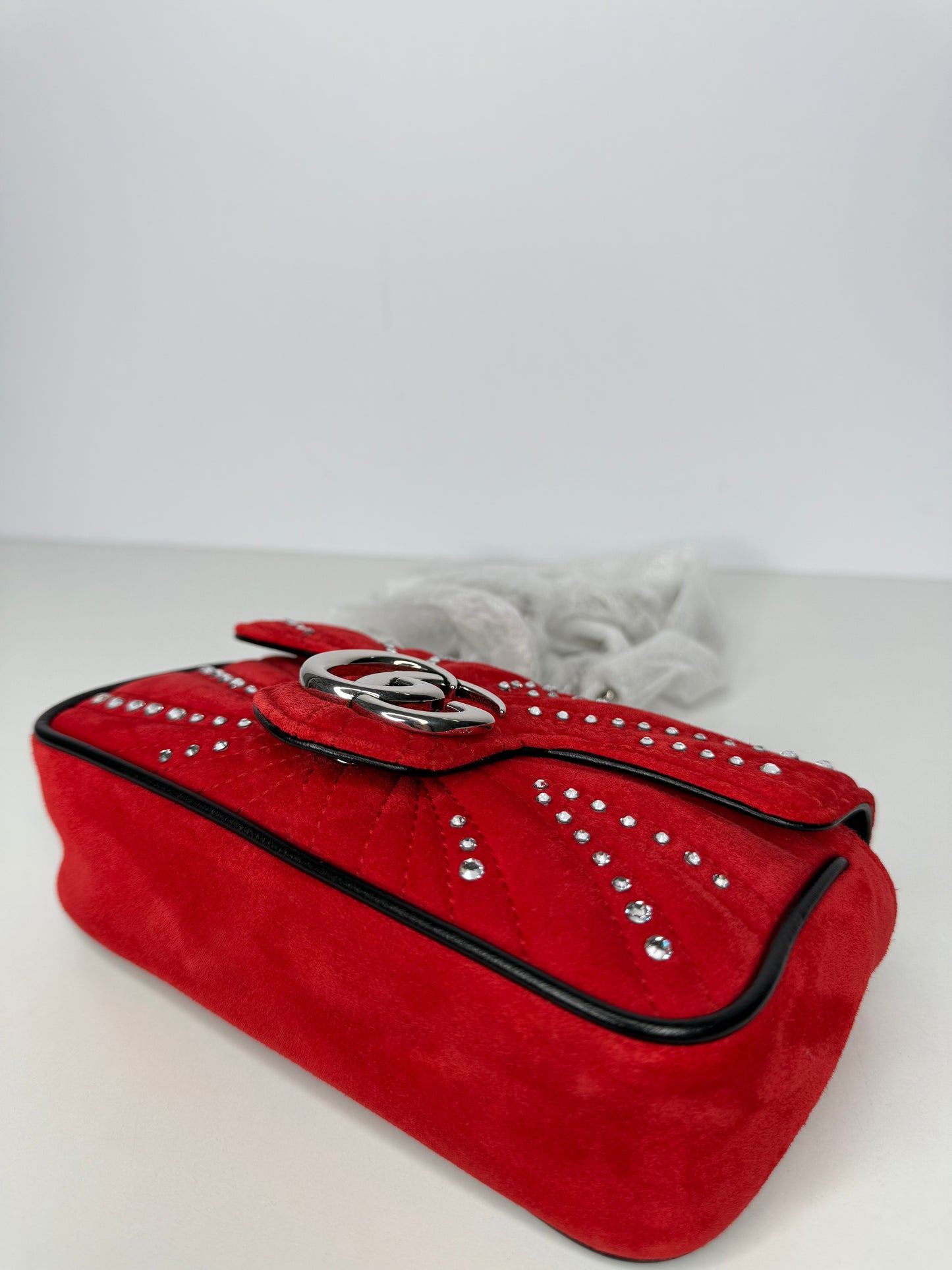 Gucci Limited Edition GG Marmont Super Mini Red Velvet Bag with Crystals