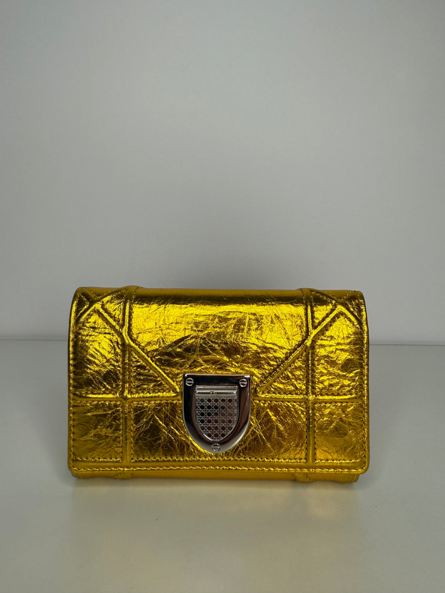 Christian Dior Yellow Gold Grained Leather Diorama Medium Flap Bag with Wallet