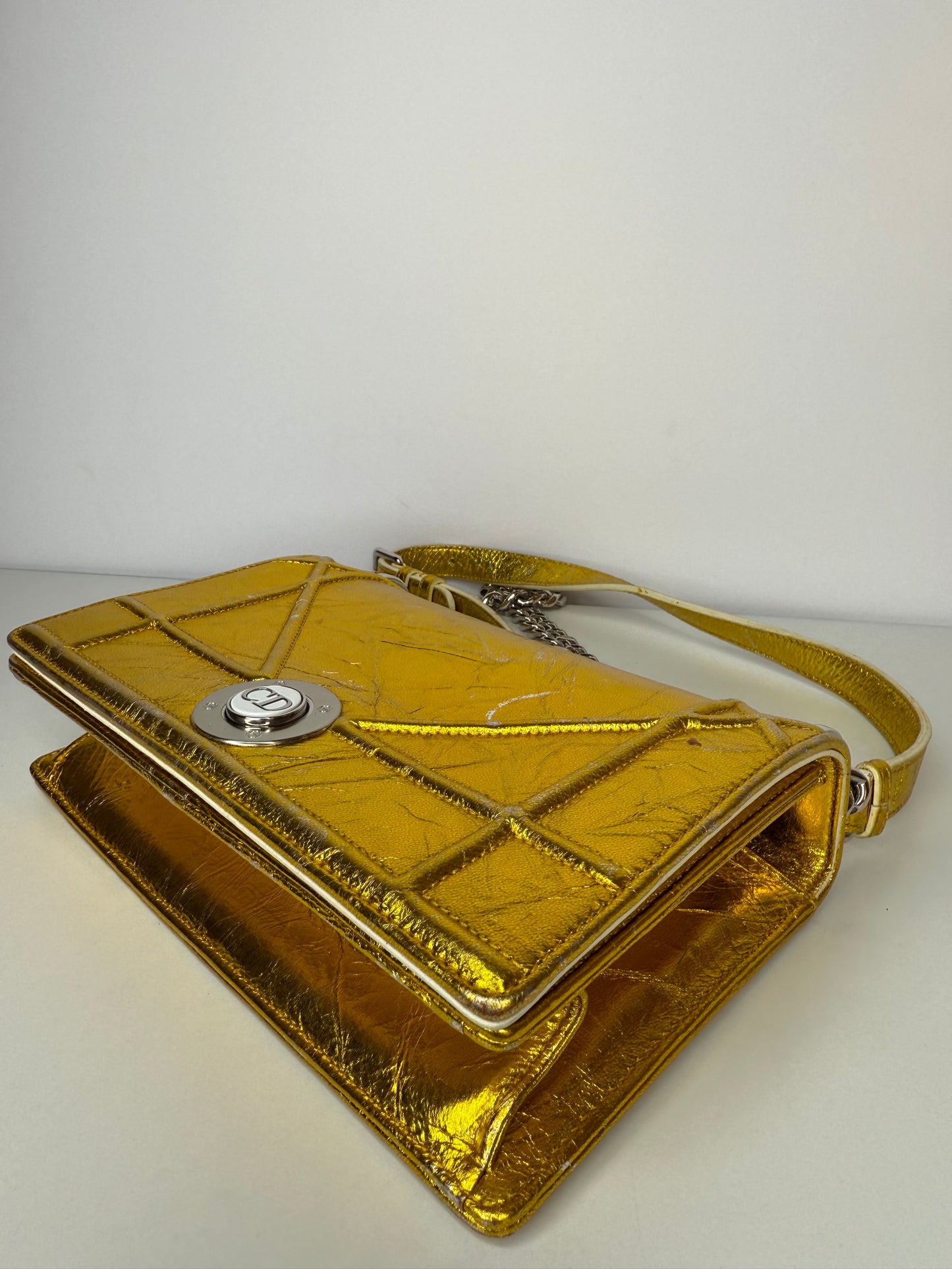 Christian Dior Yellow Gold Grained Leather Diorama Medium Flap Bag with Wallet