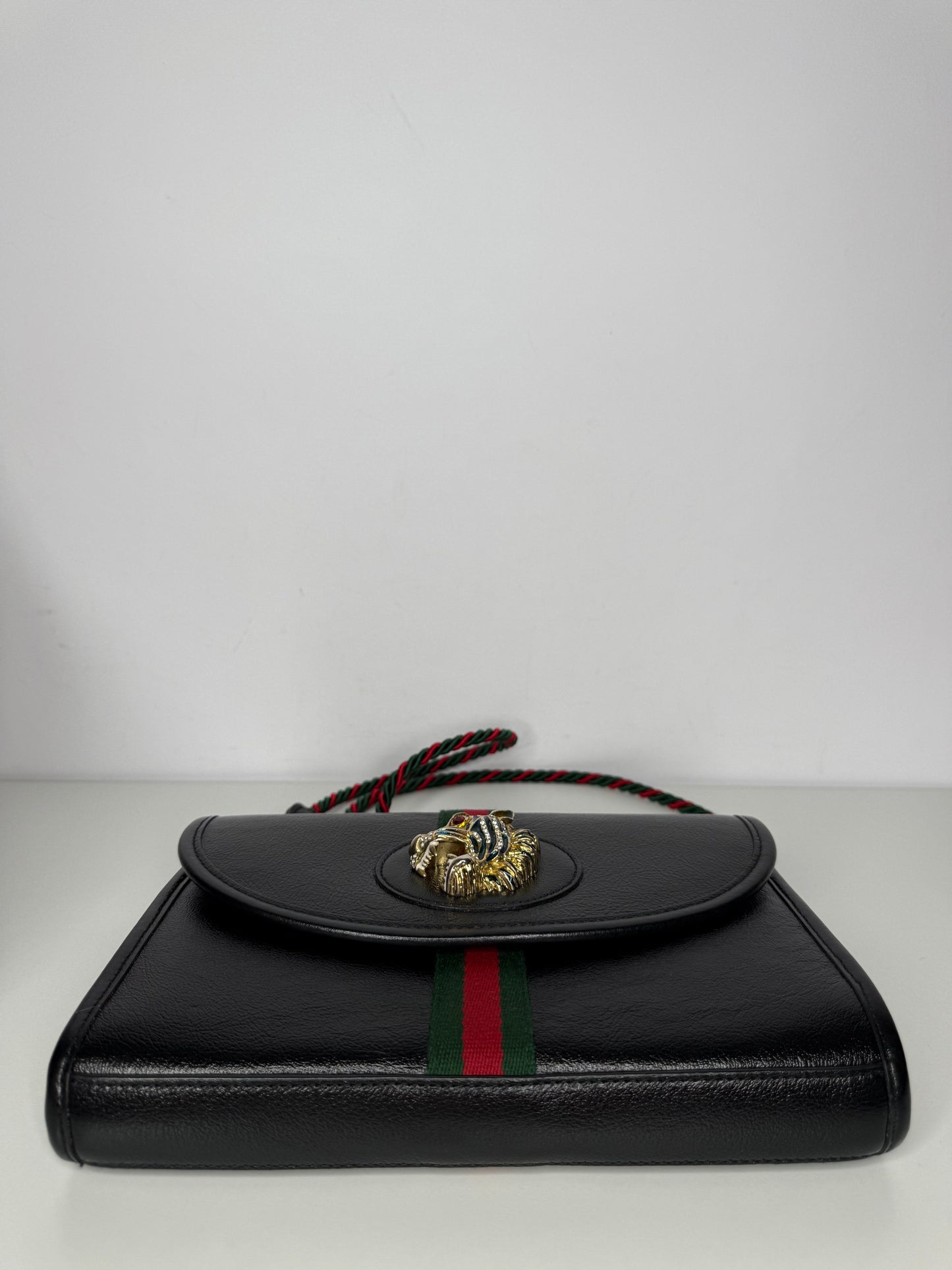 Gucci Rajah Tiger Black Leather Small Shoulder Bag Chain Web