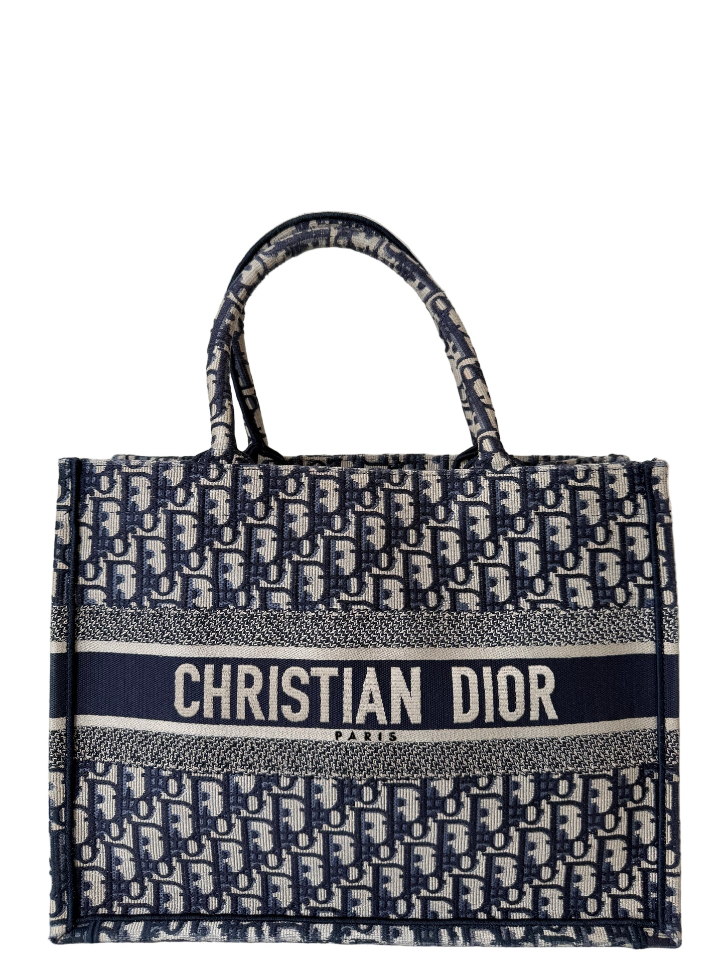 Christian Dior Medium Book Tote Ecru and Blue Dior Oblique Embroidery