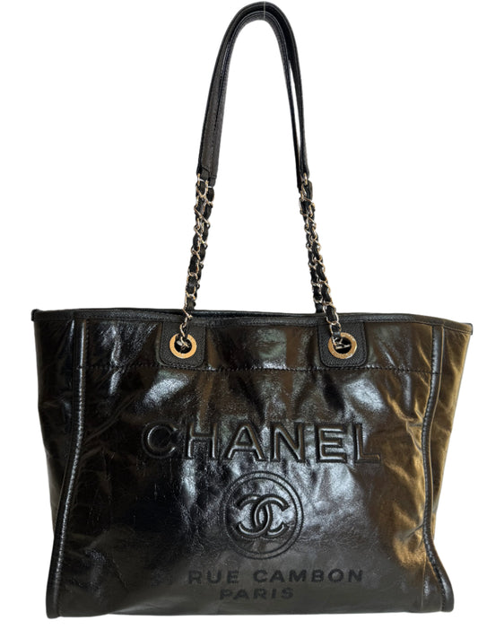 Chanel Black Glazed Leather Deauville Shopping Tote Bag