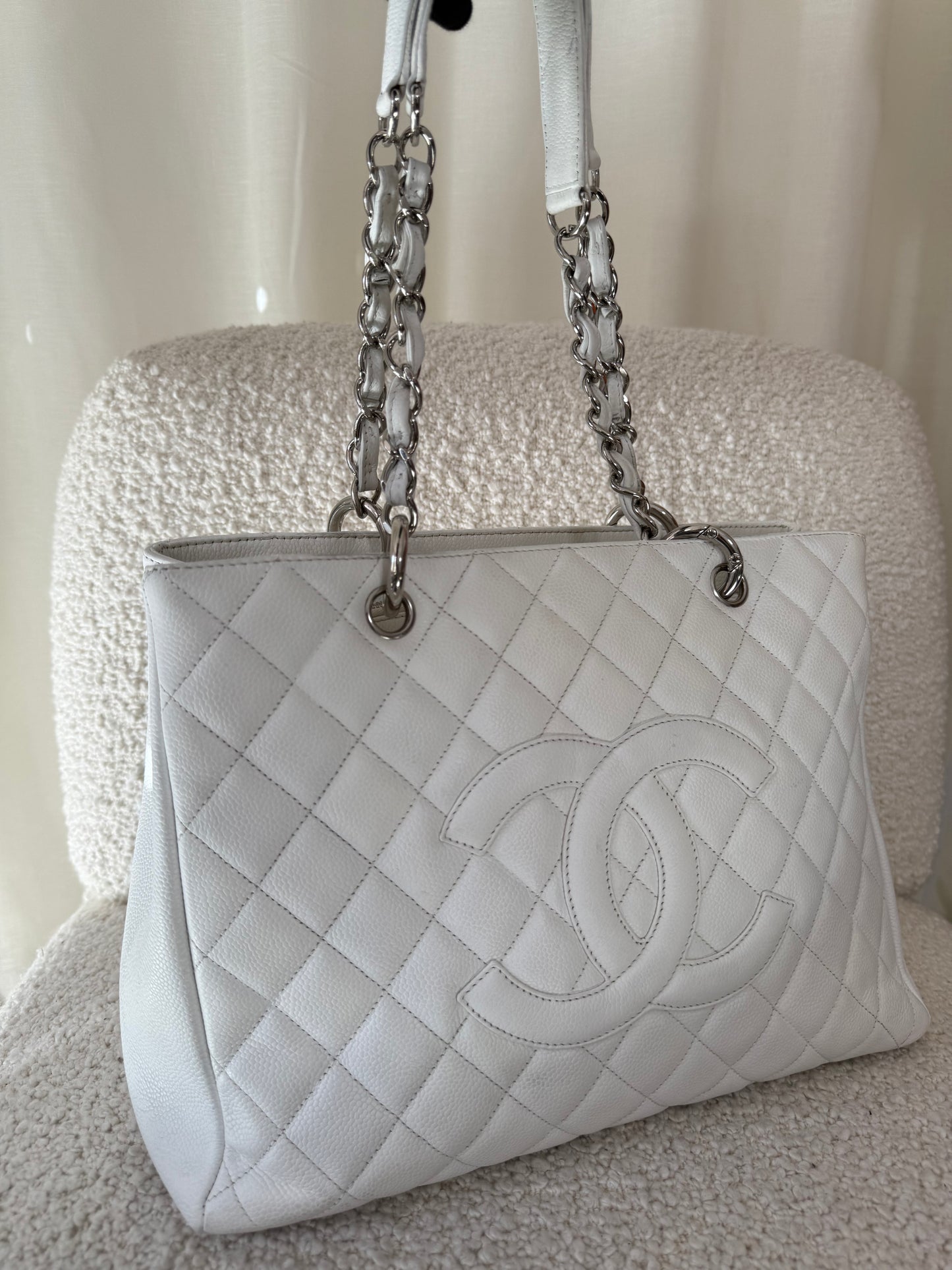 Chanel White Quilted Caviar Leather Grand Shopping Tote