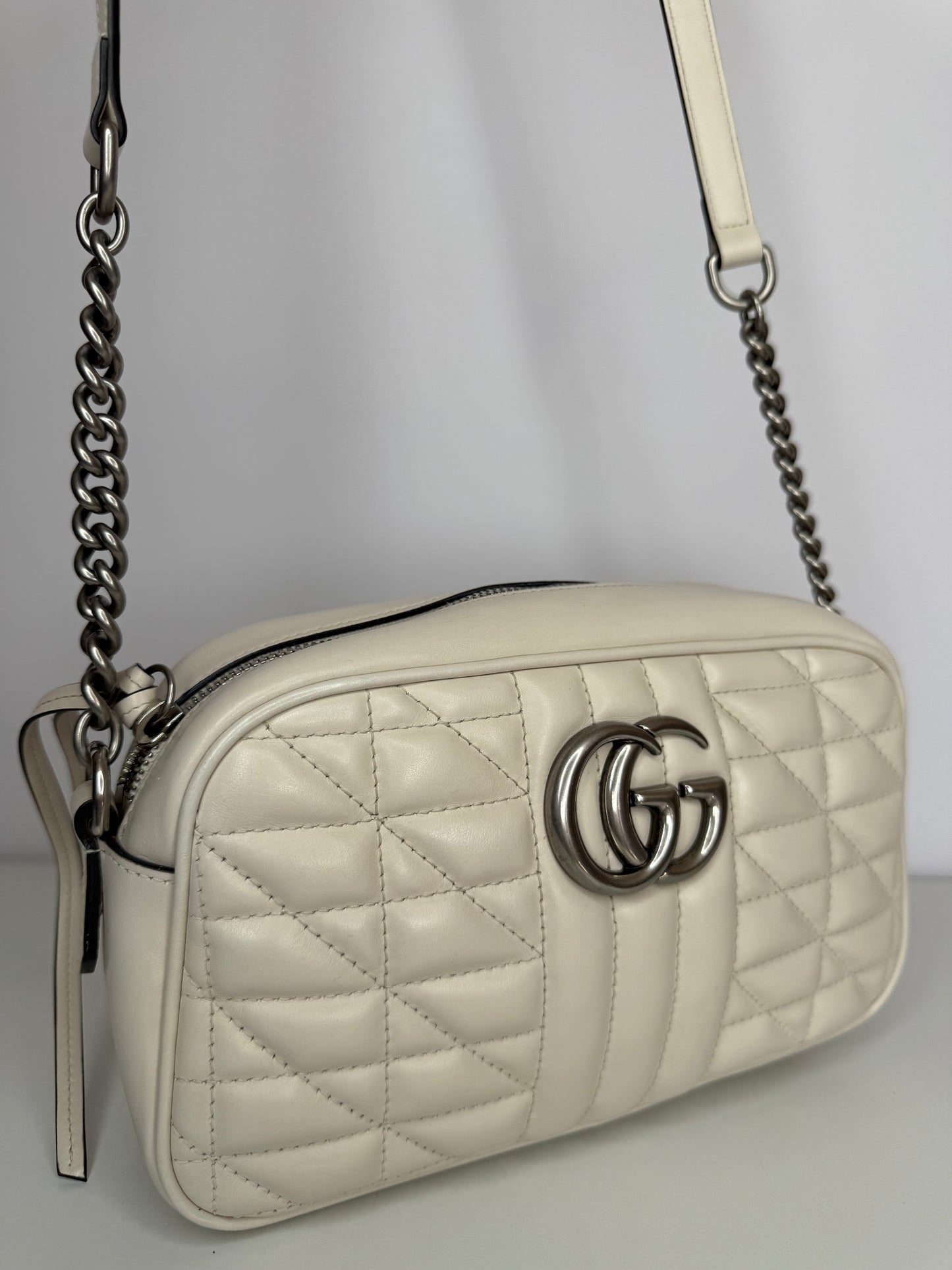 Gucci GG Marmont White Leather Small Camera Bag