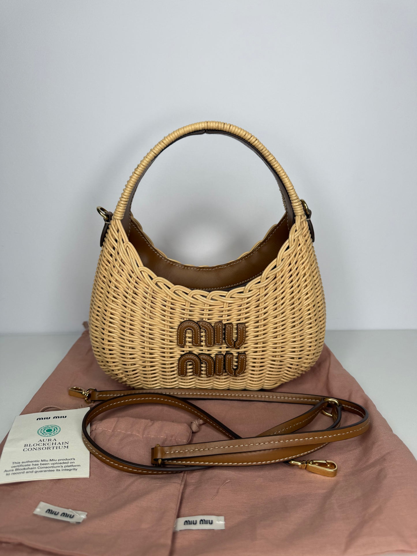 Miu Miu Wander Wicker Hobo Bag Tan/Caramel