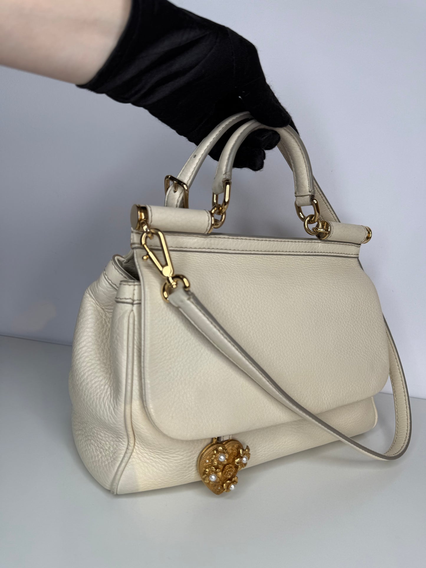 Dolce Gabbana Off White Leather Medium Miss Sicily Top Handle Bag