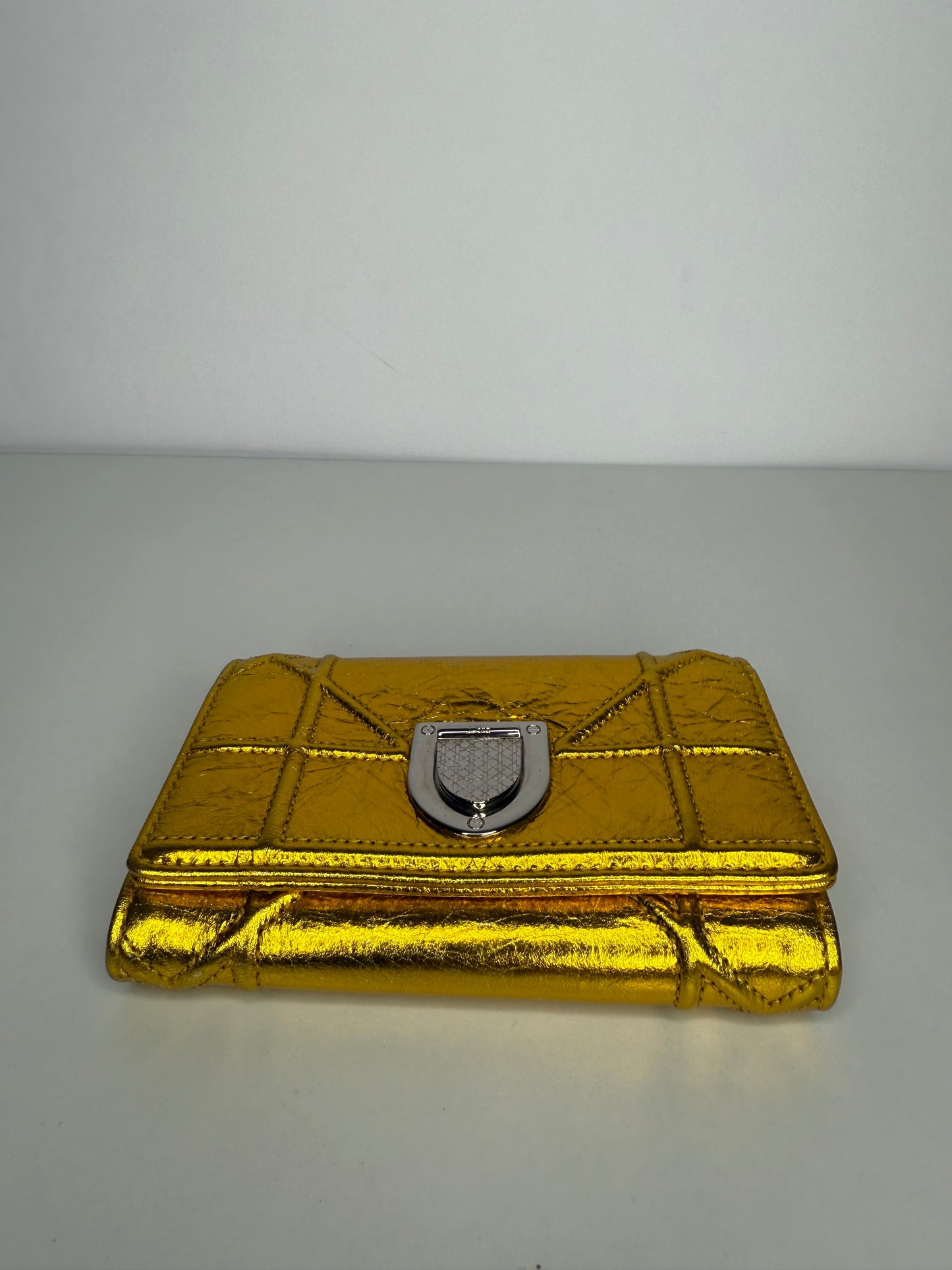 Christian Dior Yellow Gold Grained Leather Diorama Medium Flap Bag with Wallet