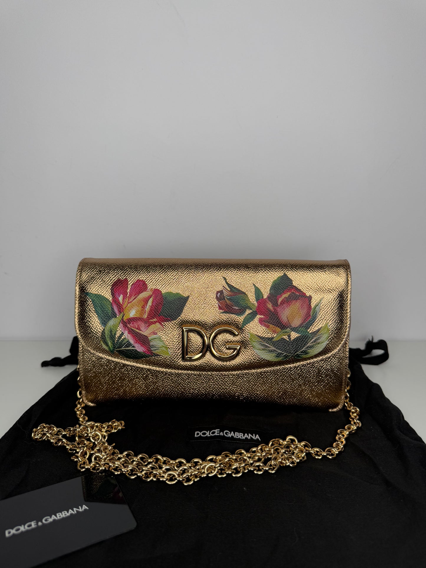 Dolce Gabbana Gold Floral Print Leather DG Logo Chain Clutch