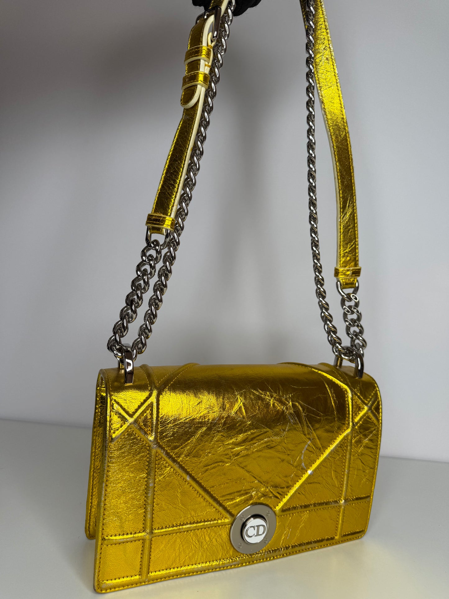 Christian Dior Yellow Gold Grained Leather Diorama Medium Flap Bag with Wallet