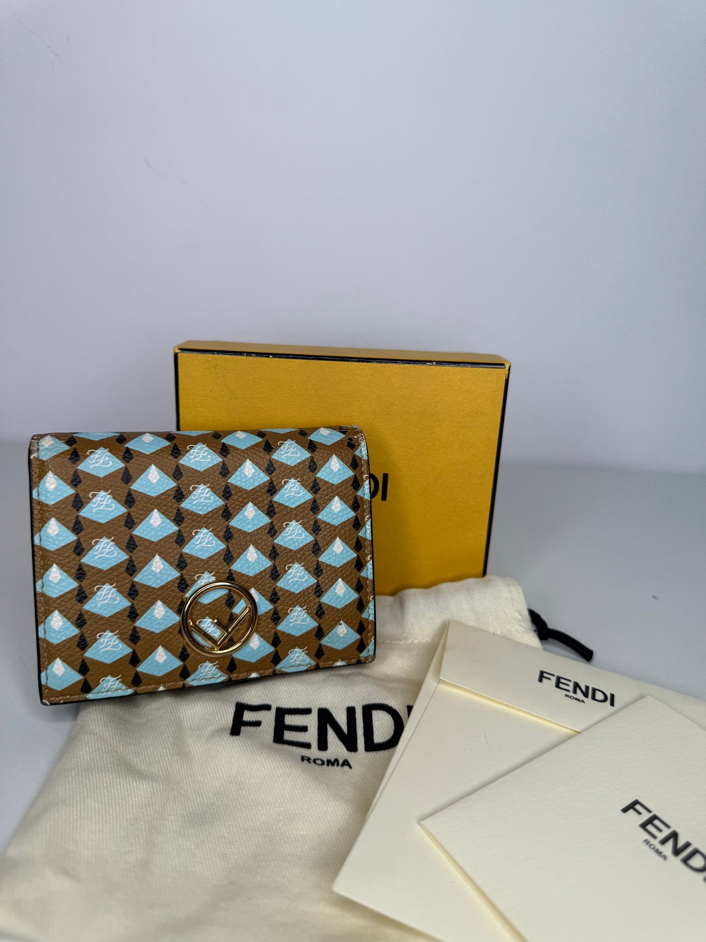 Fendi Calf Leather F Logo Blue Brown Small Bifold Wallet