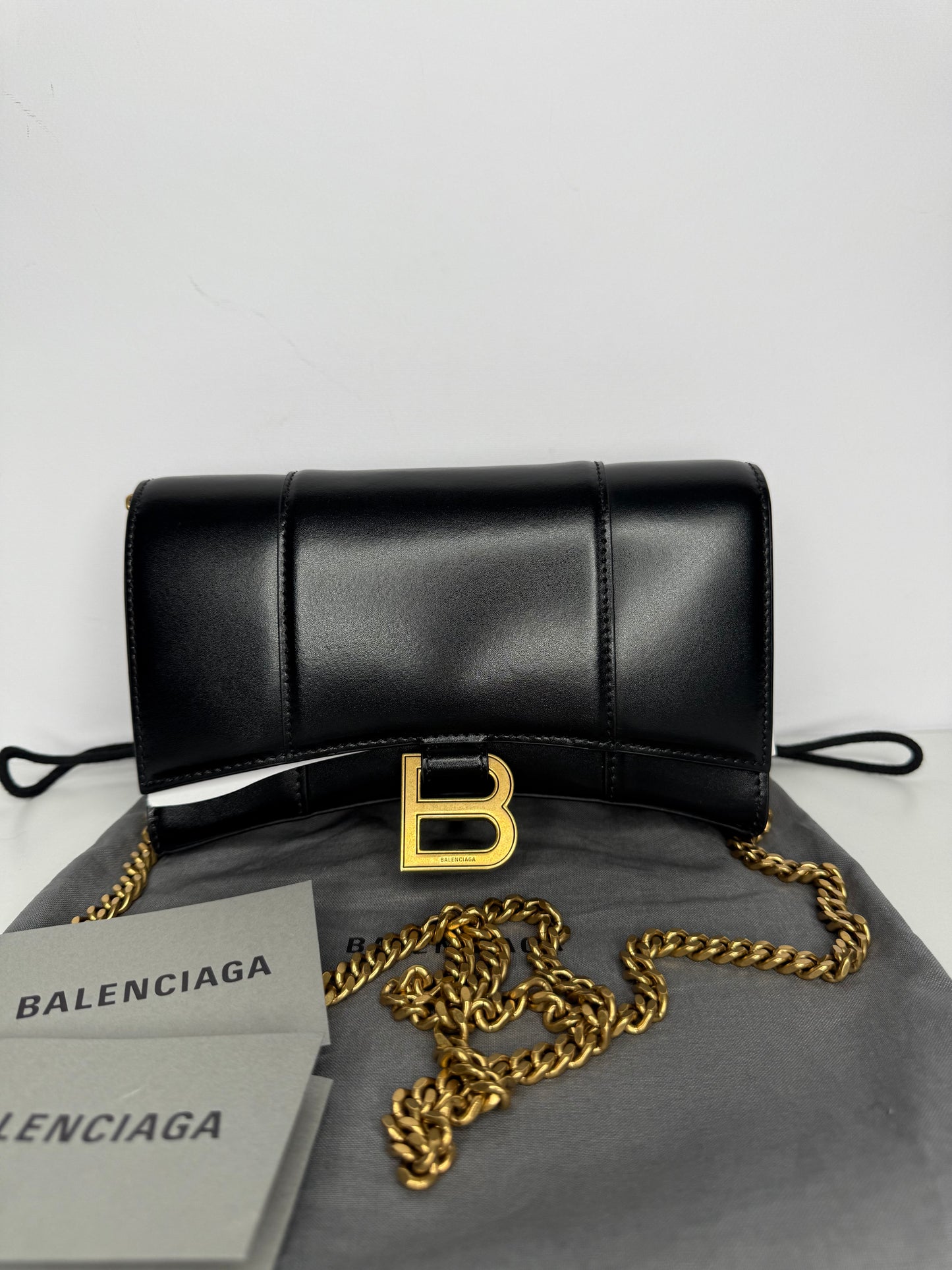 Balenciaga Hourglass Mini Wallet On Chain in Black Calfskin Leather