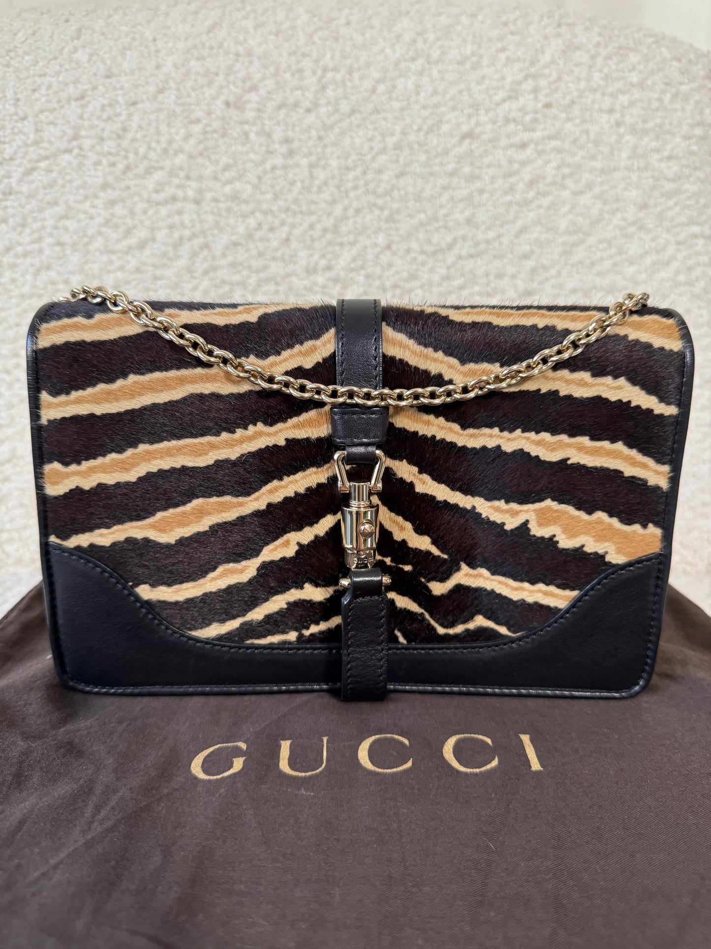 Gucci Zebra Broadway Piston Lock Chain Clutch Calf Hair