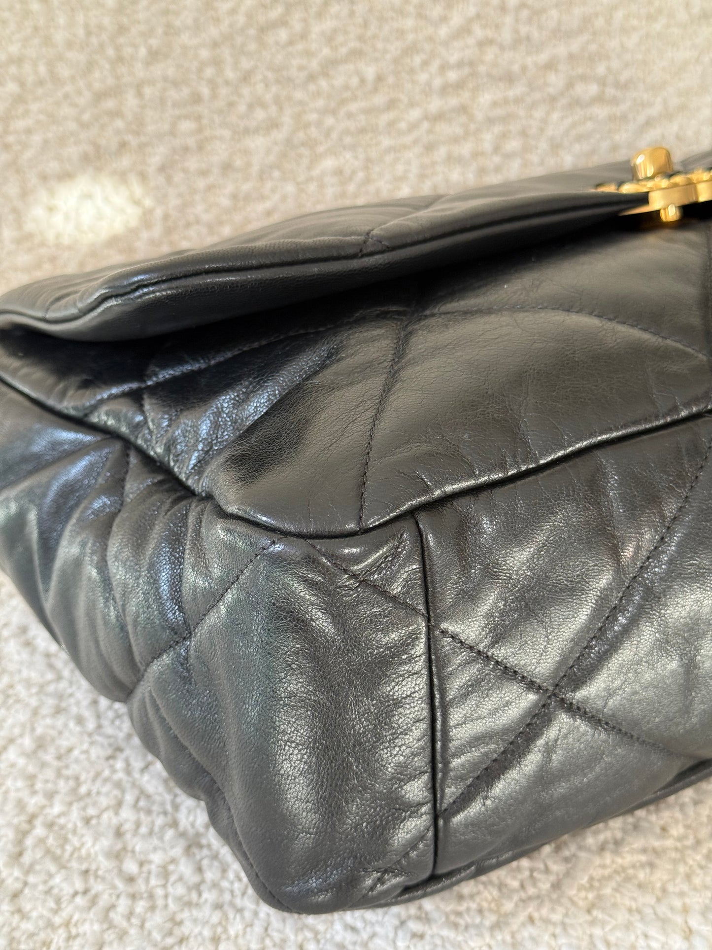 Chanel 19 Maxi Black Goatskin Quilted Leather Flap Bag