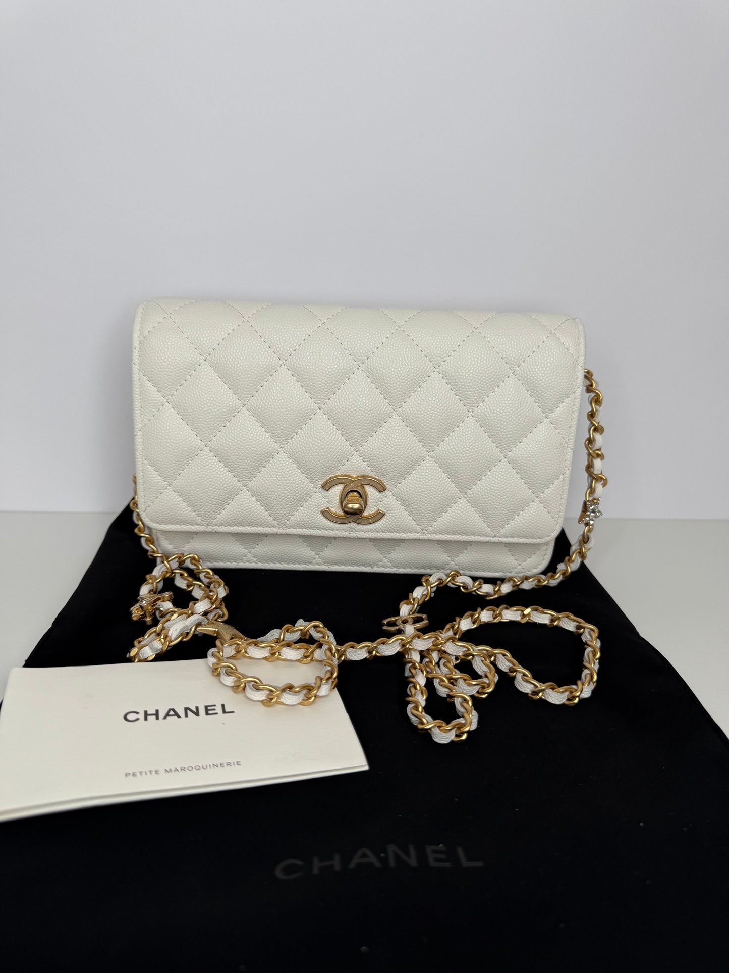 Chanel White Wallet on Chain Caviar Leather Charm Chain