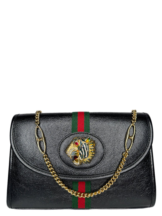 Gucci Rajah Tiger Black Leather Small Shoulder Bag Chain Web