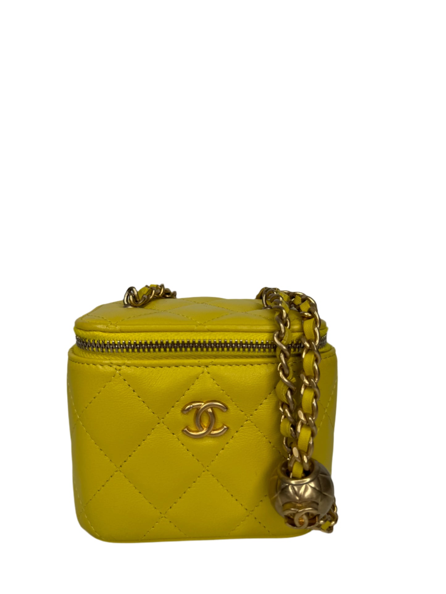Chanel Yellow Lambskin Quilted Pearl Crush Mini Vanity Case
