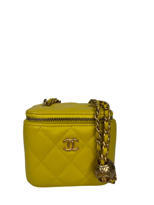Chanel Yellow Lambskin Quilted Pearl Crush Mini Vanity Case