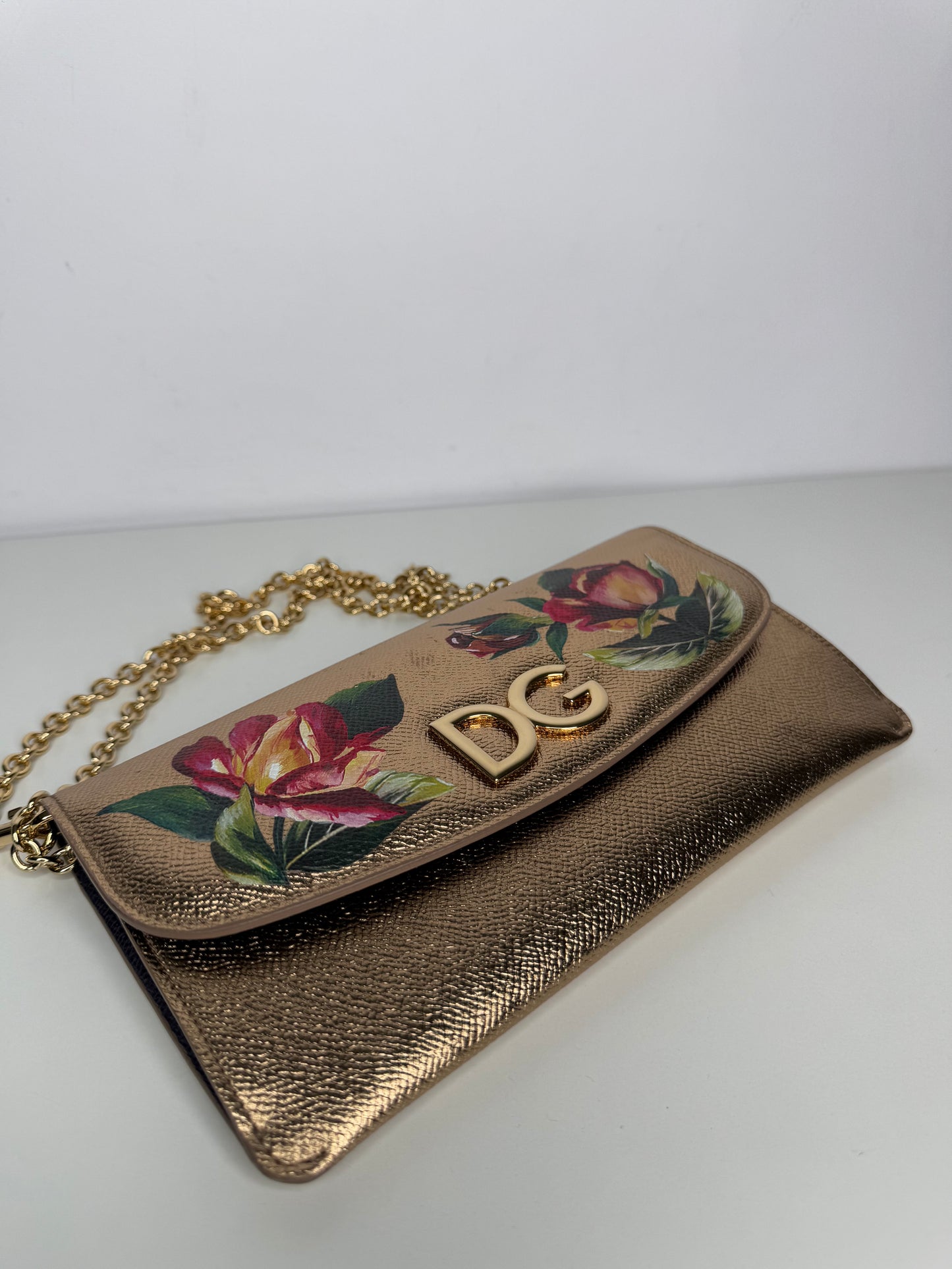 Dolce Gabbana Gold Floral Print Leather DG Logo Chain Clutch