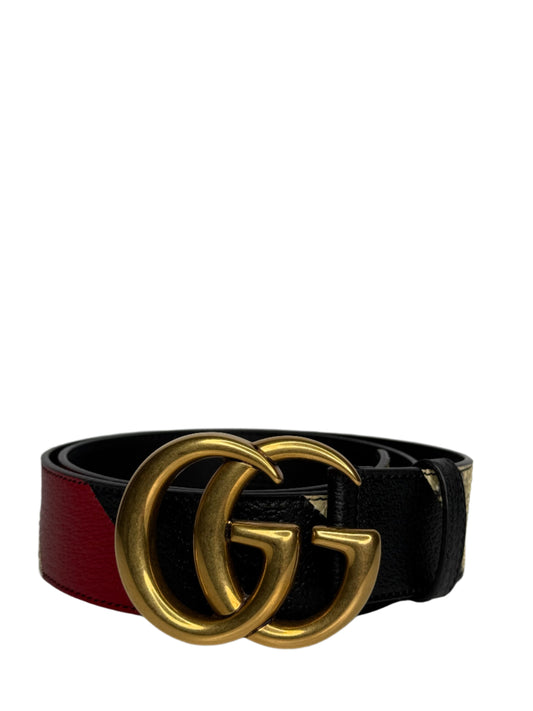 Gucci GG Marmont Black Leather Belt with Red/Beige Python Detail and Antique Gold Buckle