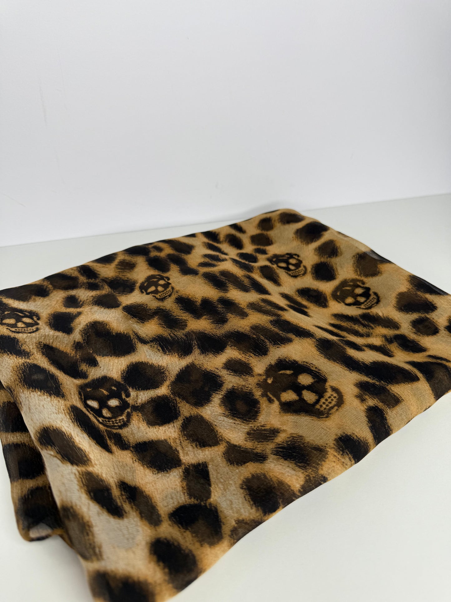 Alexander McQueen Silk Chiffon Leopard Skull Scarf Brown