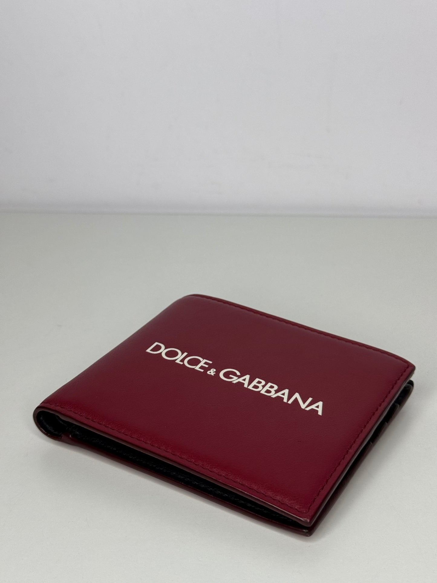 Dolce Gabbana Logo Print Red Leather Bifold Wallet