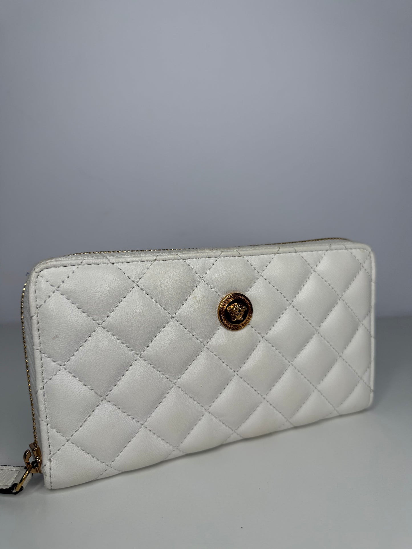 Versace La Medusa White Leather Quilted Zip Around Wallet