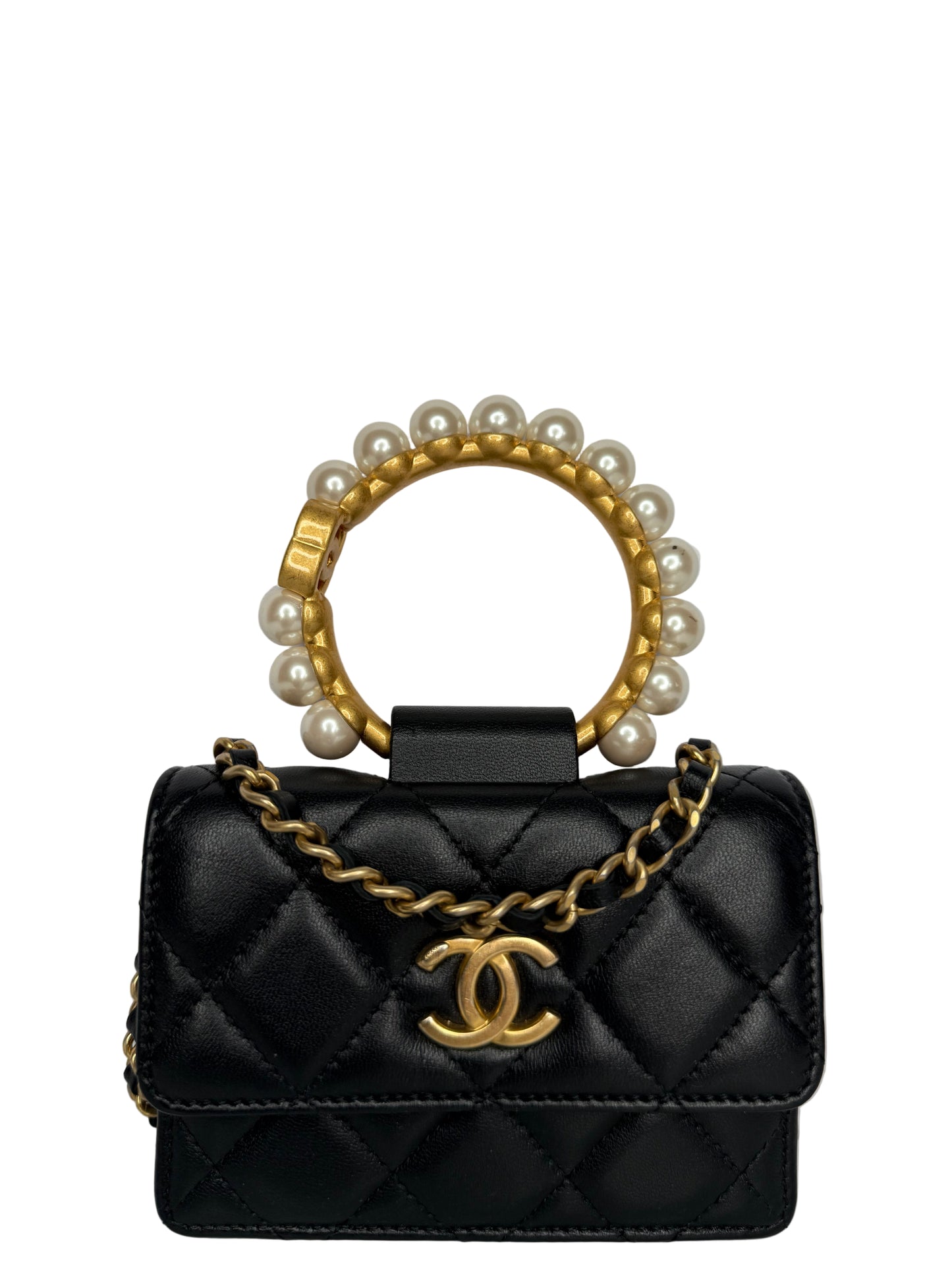 Chanel Black Quilted Lambskin Pearl Crown Clutch with Chain