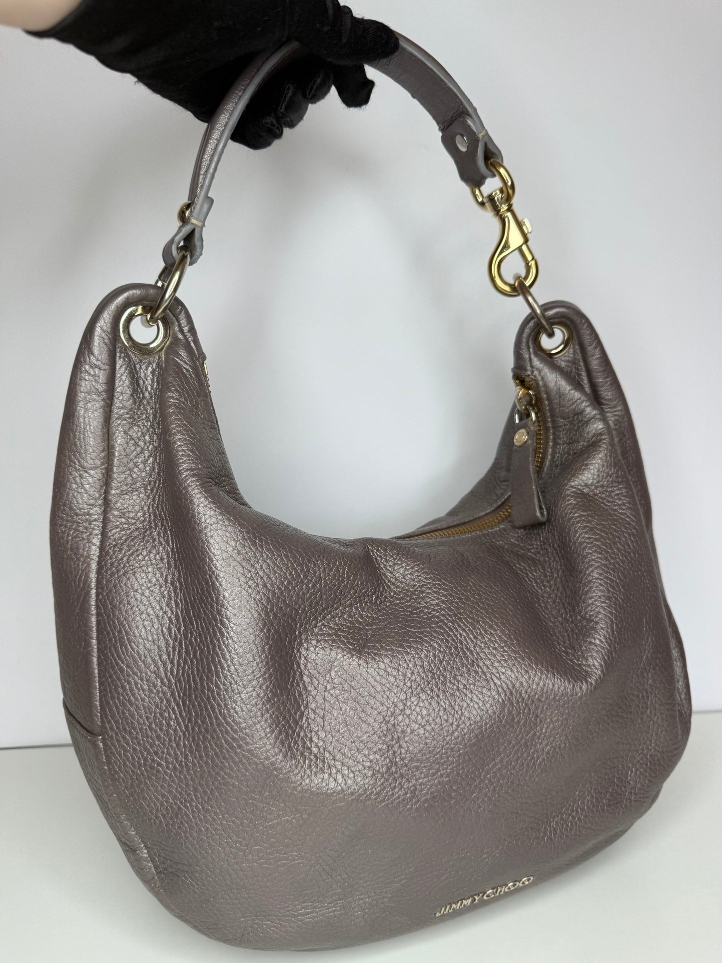 Jimmy Choo Taupe Metallic Deerskin Leather Solar Hobo Bag