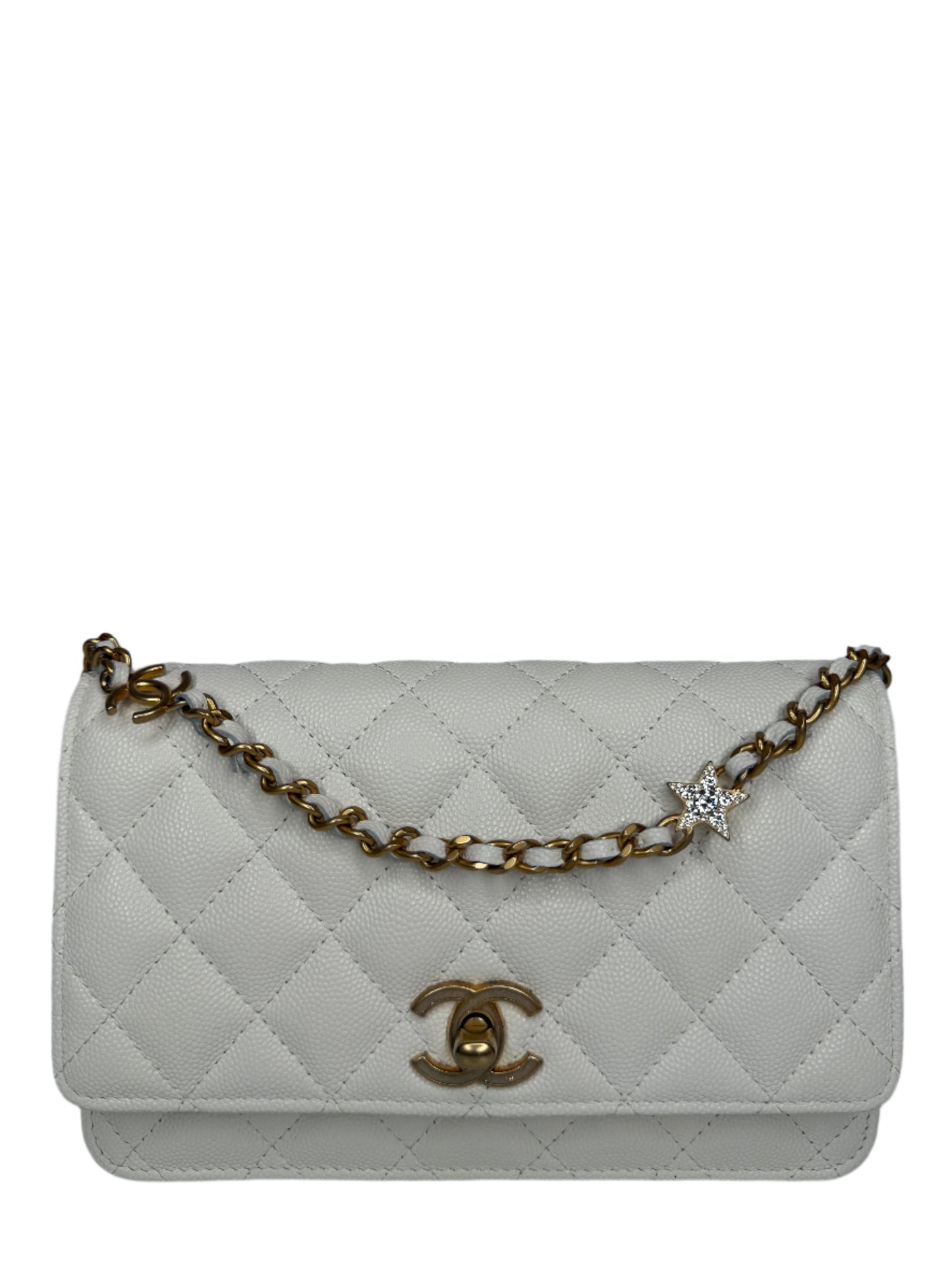 Chanel White Wallet on Chain Caviar Leather Charm Chain