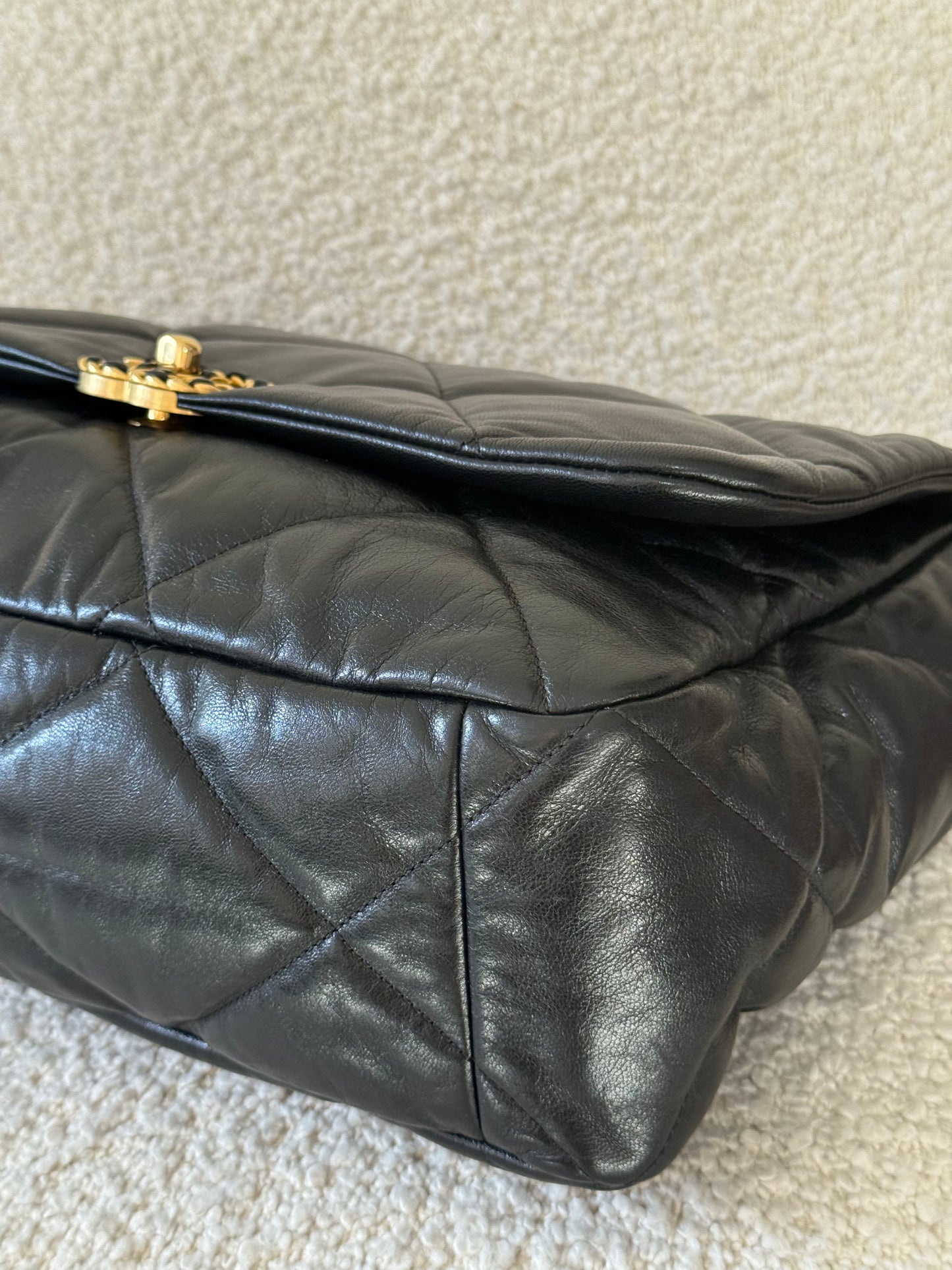 Chanel 19 Maxi Black Goatskin Quilted Leather Flap Bag