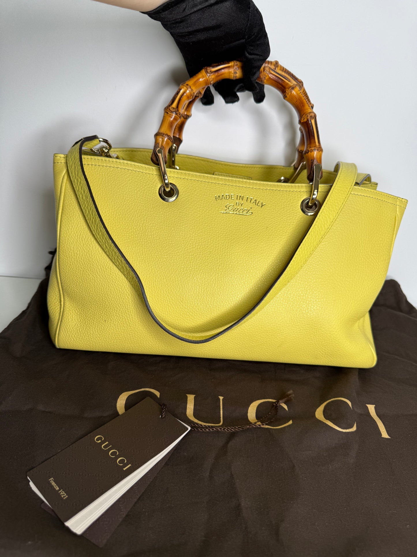 Gucci Yellow Leather Bamboo Top Handle Shopper Tote