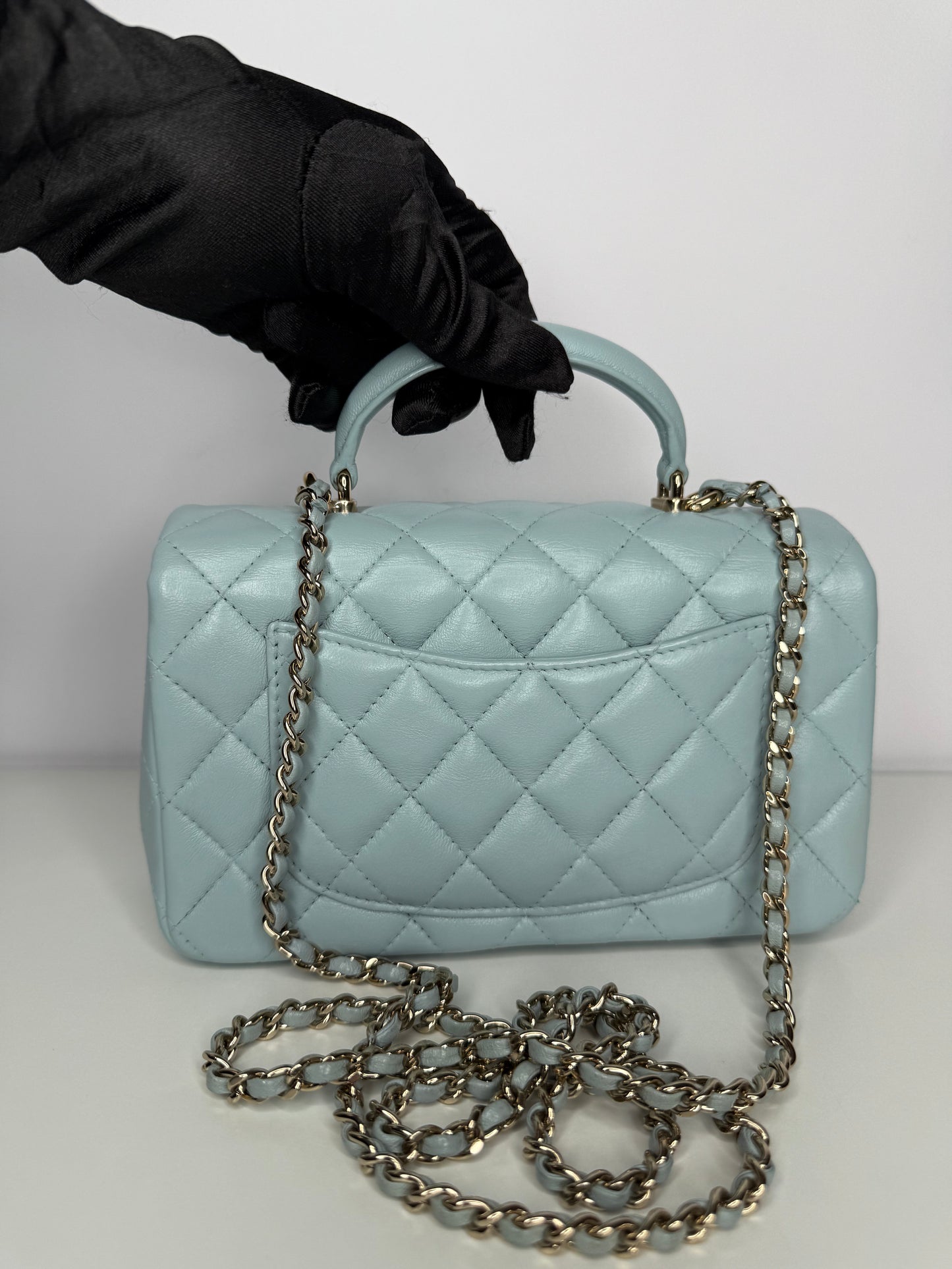 Chanel Lambskin Quilted Mini Top Handle Rectangular Flap Light Blue