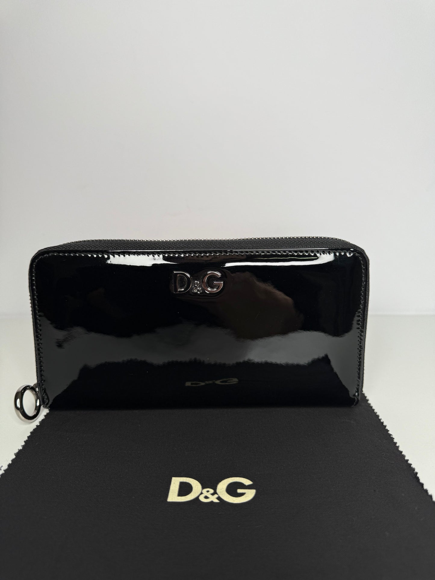 Dolce Gabbana Black Patent Leather Zippy Wallet