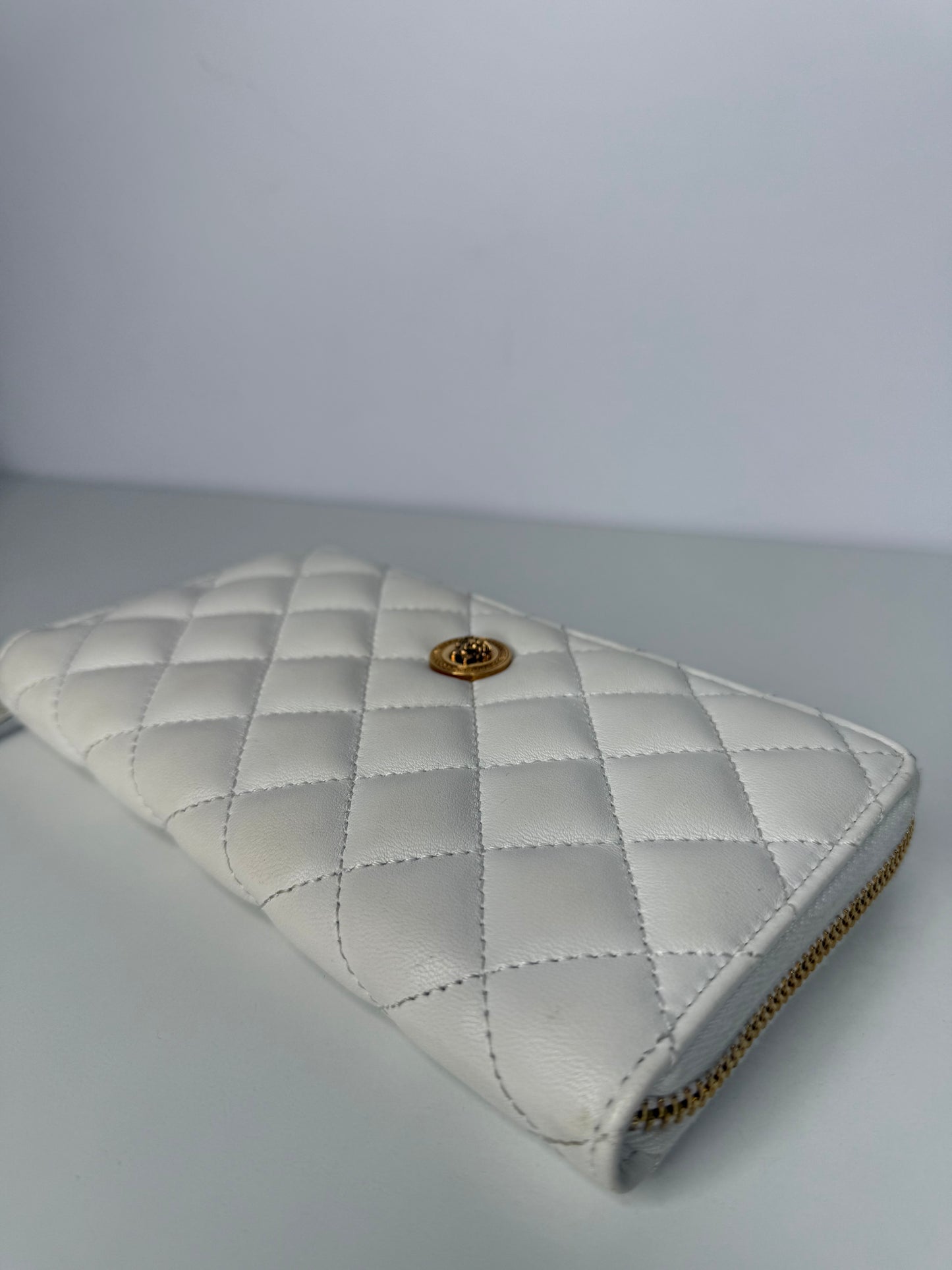 Versace La Medusa White Leather Quilted Zip Around Wallet