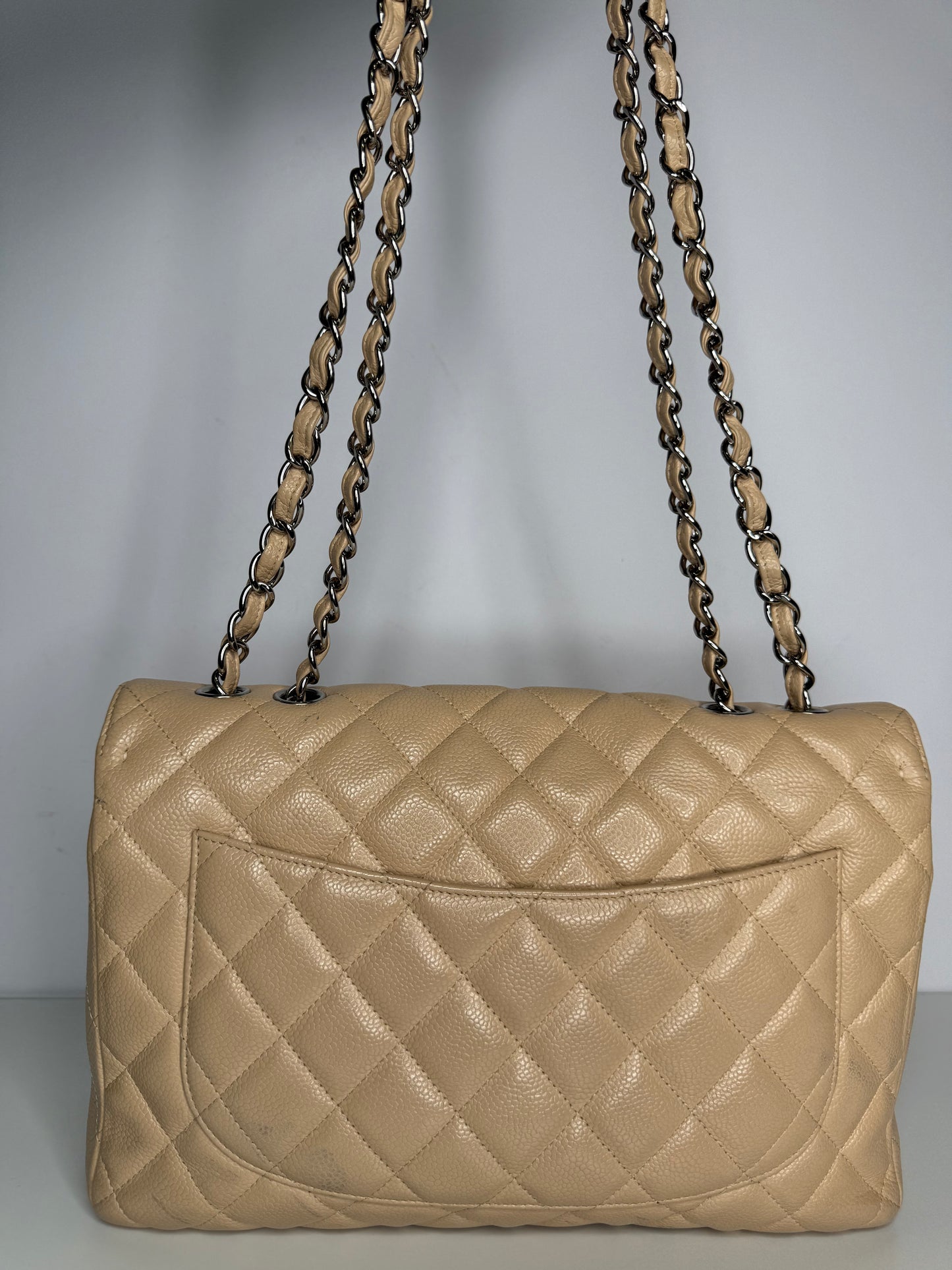 Chanel Jumbo Classic Single Flap Bag Beige Caviar Silver Hardware