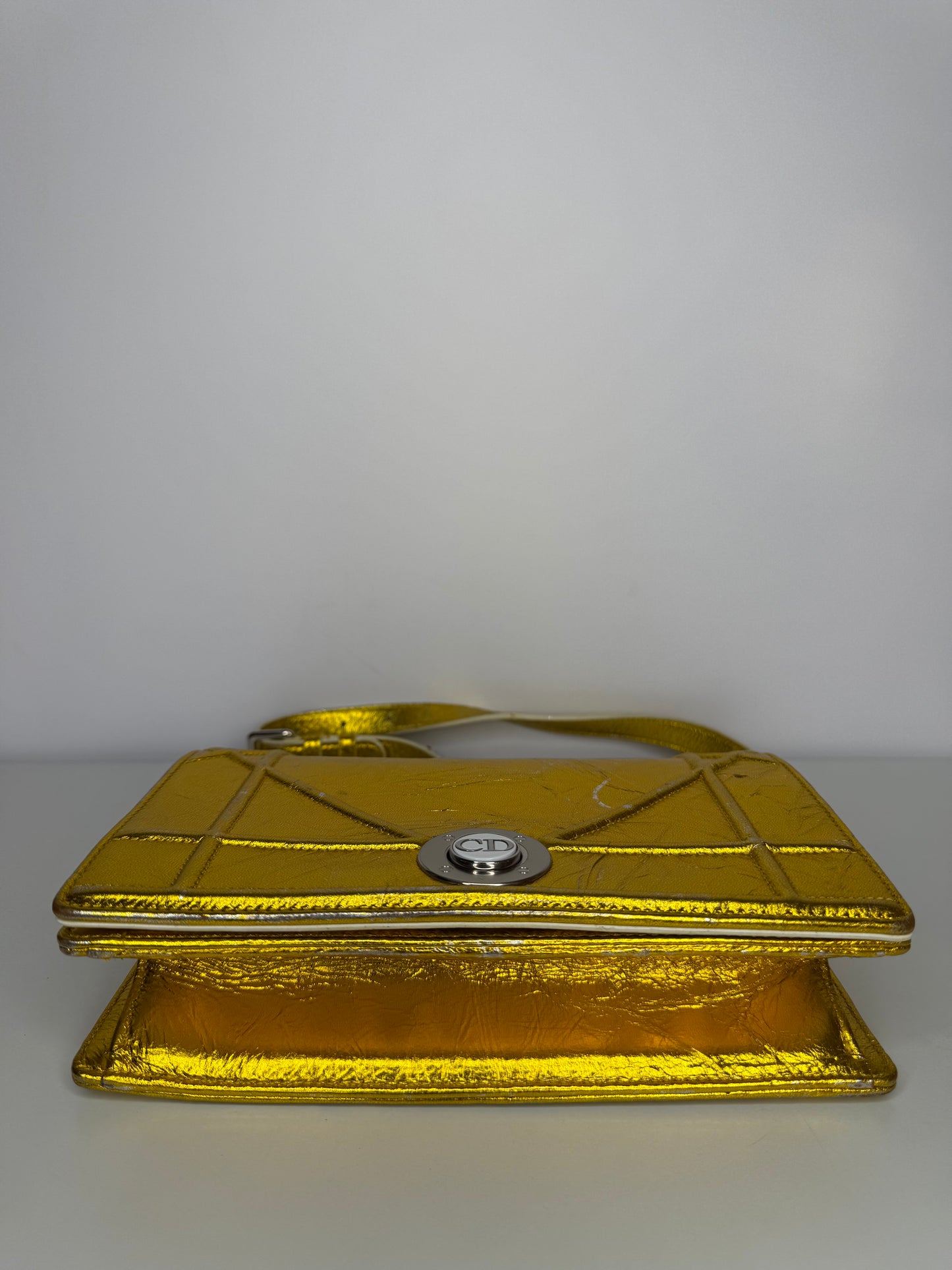 Christian Dior Yellow Gold Grained Leather Diorama Medium Flap Bag with Wallet