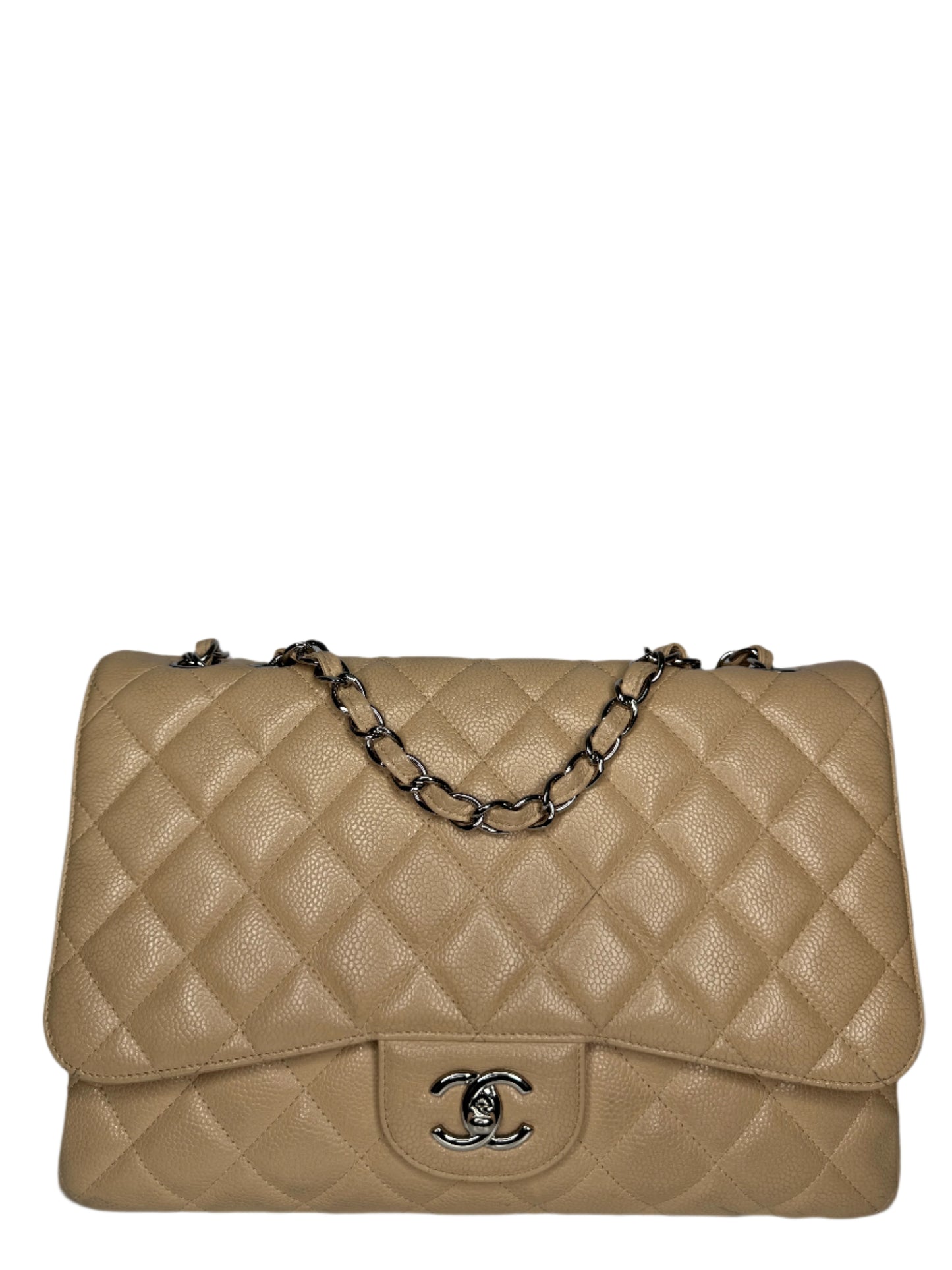 Chanel Jumbo Classic Single Flap Bag Beige Caviar Silver Hardware