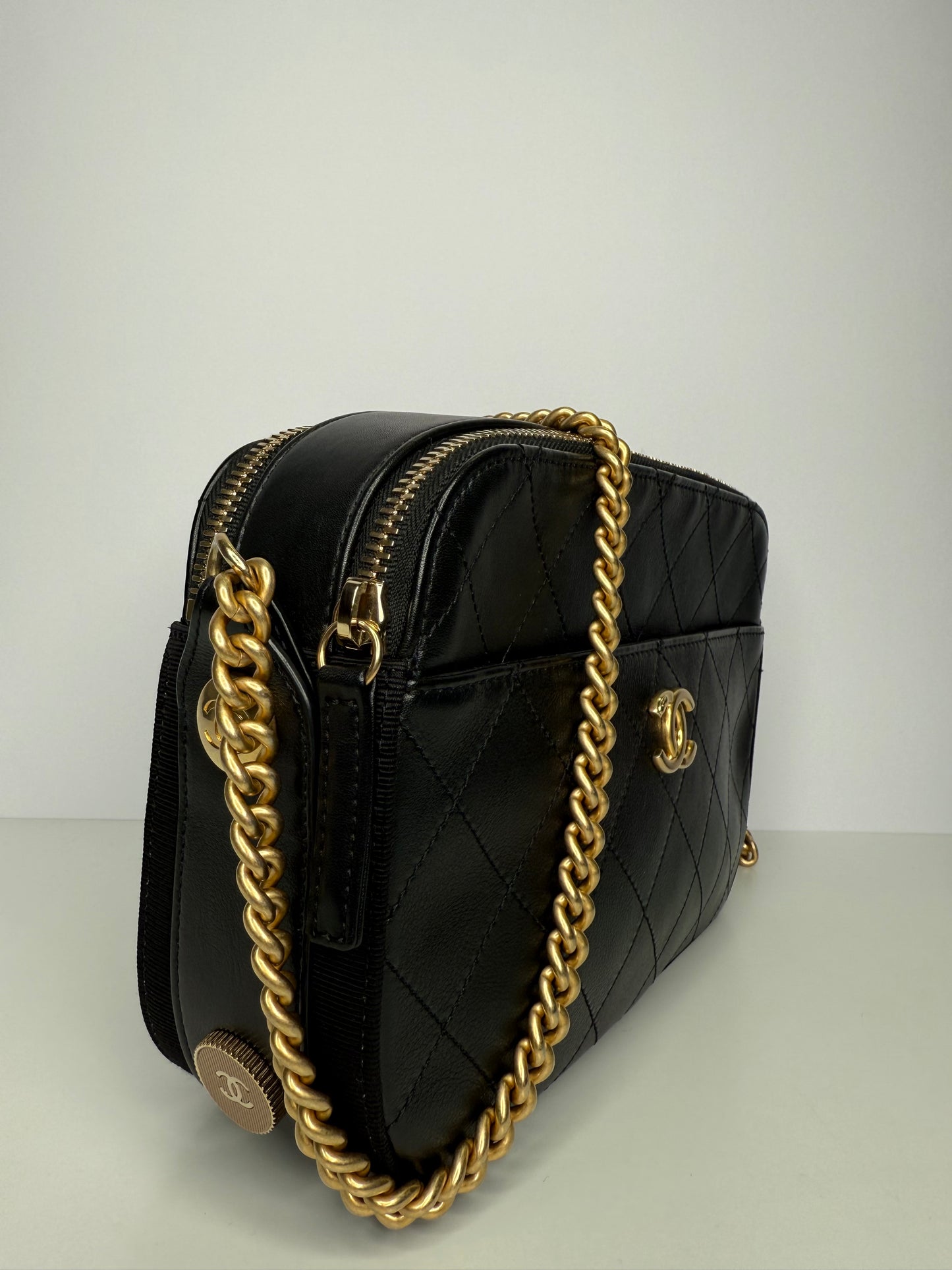 Chanel Black Quilted Leather Button Up Camera Bag