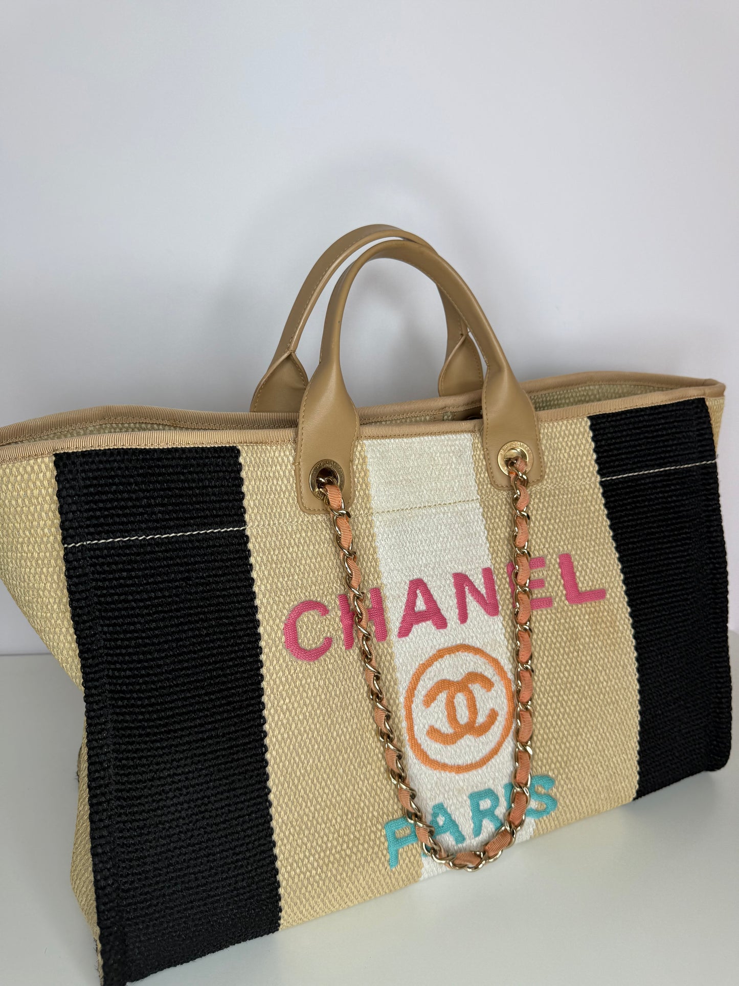 Chanel Large Striped Raffia Deauville Shopping Tote Bag