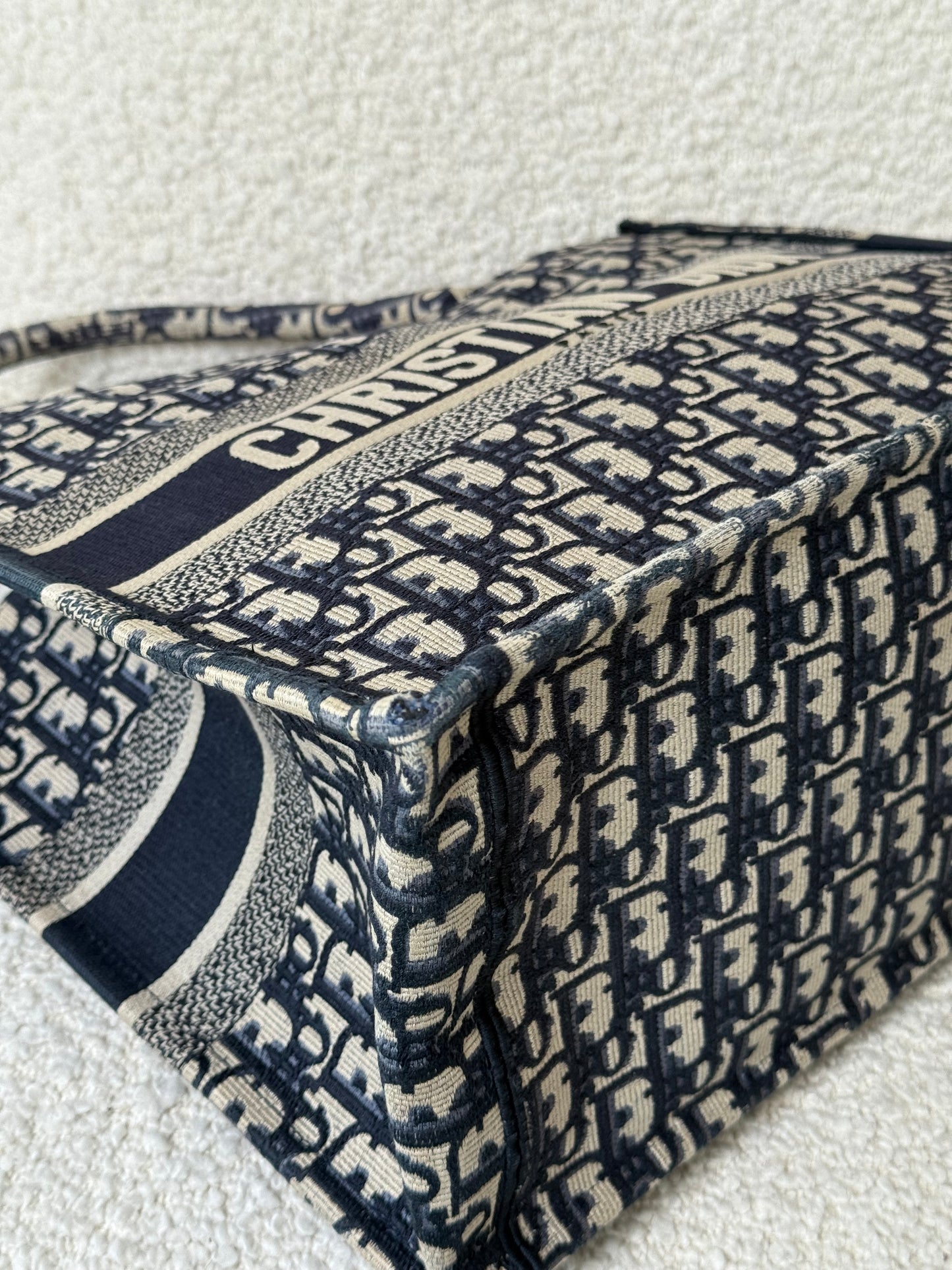 Christian Dior Medium Book Tote Ecru and Blue Dior Oblique Embroidery