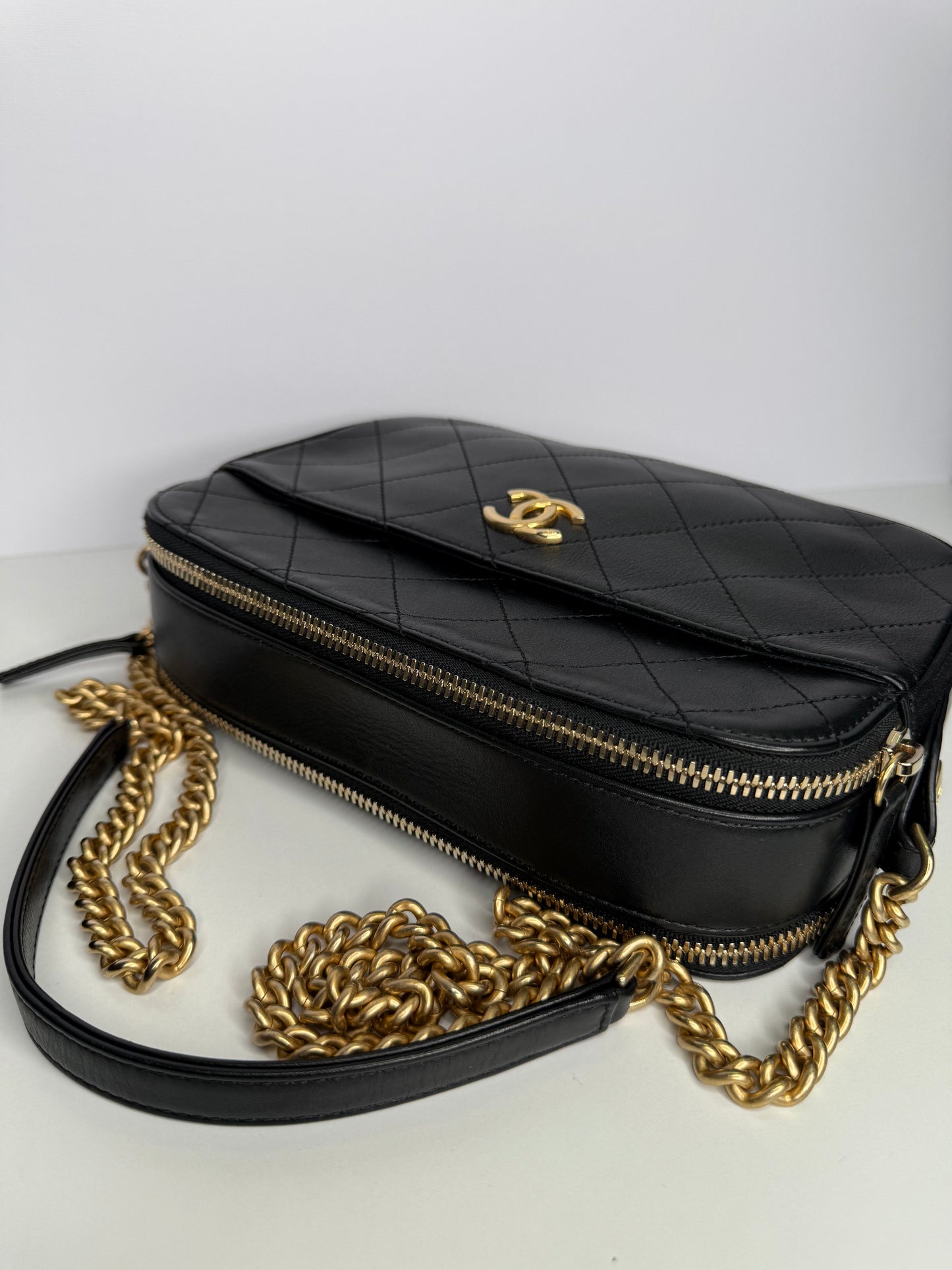 Chanel Black Quilted Leather Button Up Camera Bag