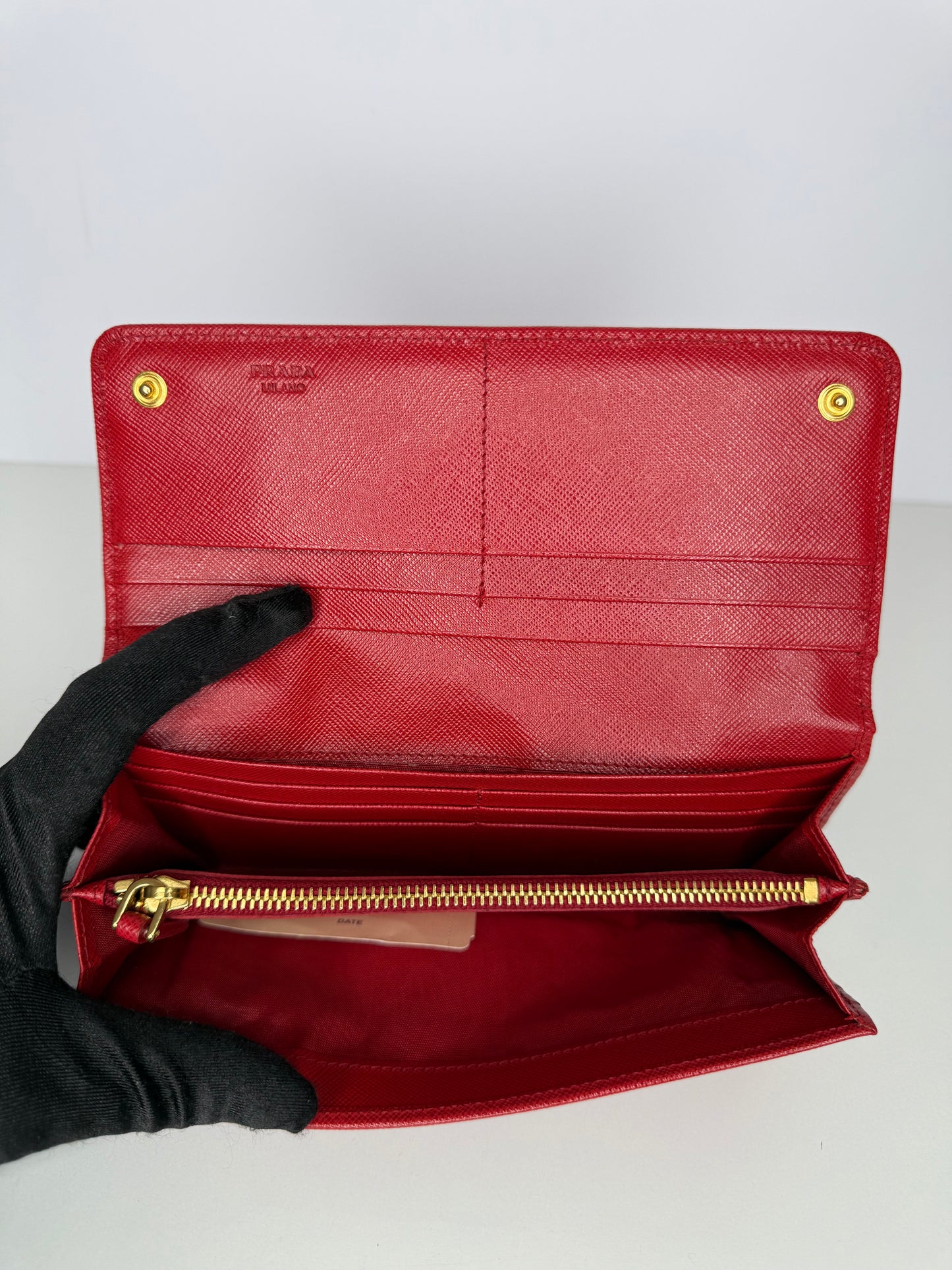 Prada Red Saffiano Metal Leather Logo Flap Continental Wallet