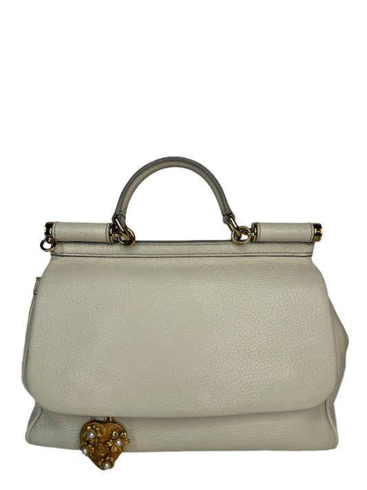 Dolce Gabbana Off White Leather Medium Miss Sicily Top Handle Bag