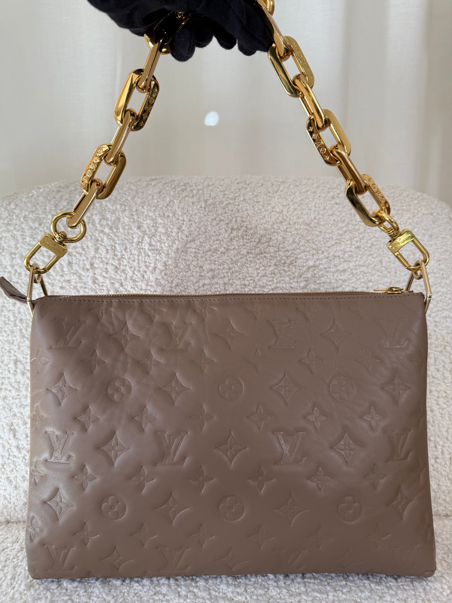 Louis Vuitton Coussin MM Taupe Monogram Embossed Puffy Lambskin