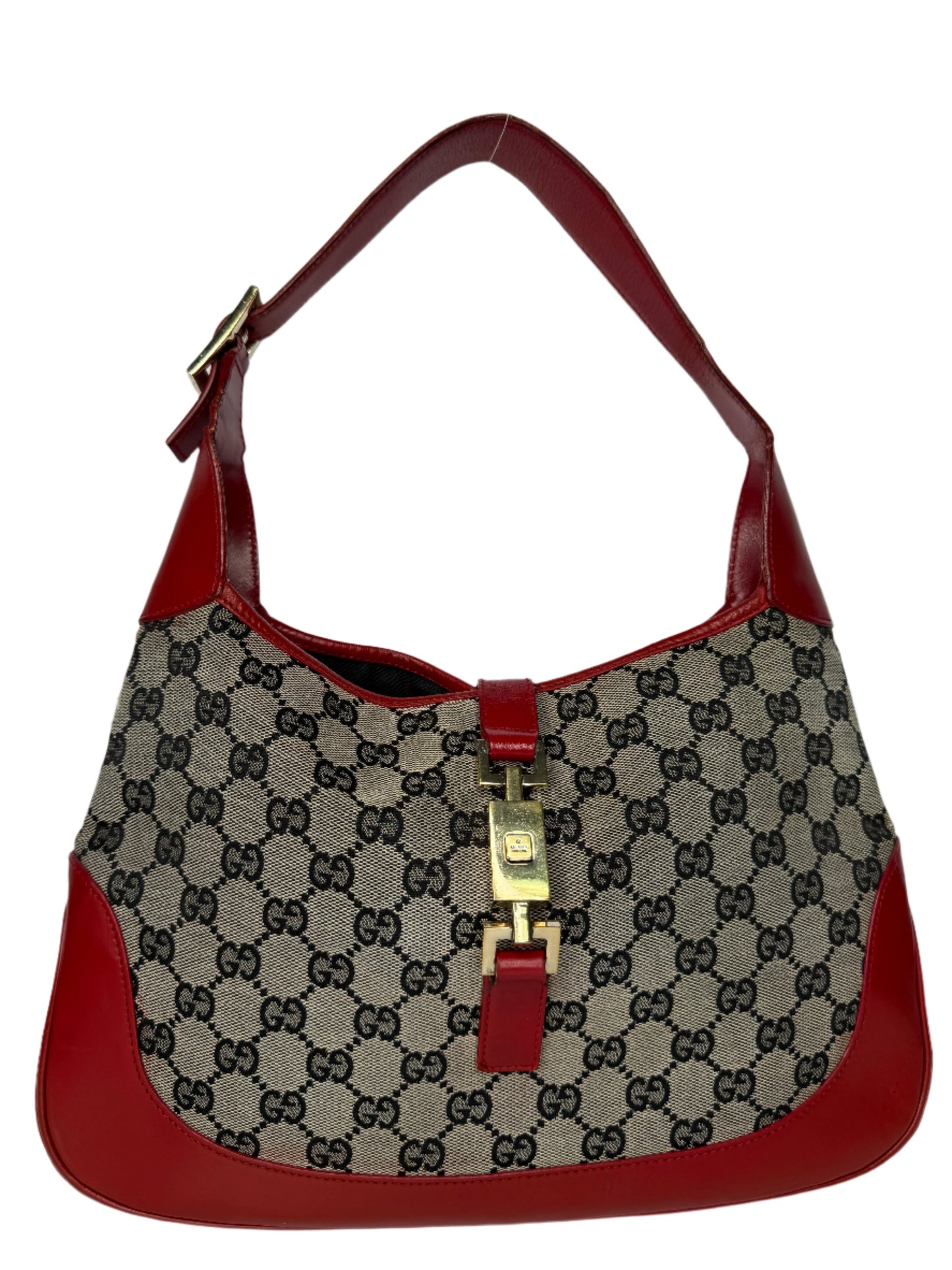 Gucci GG Canvas and Red Leather Jackie O Web Monogram Hobo Bag