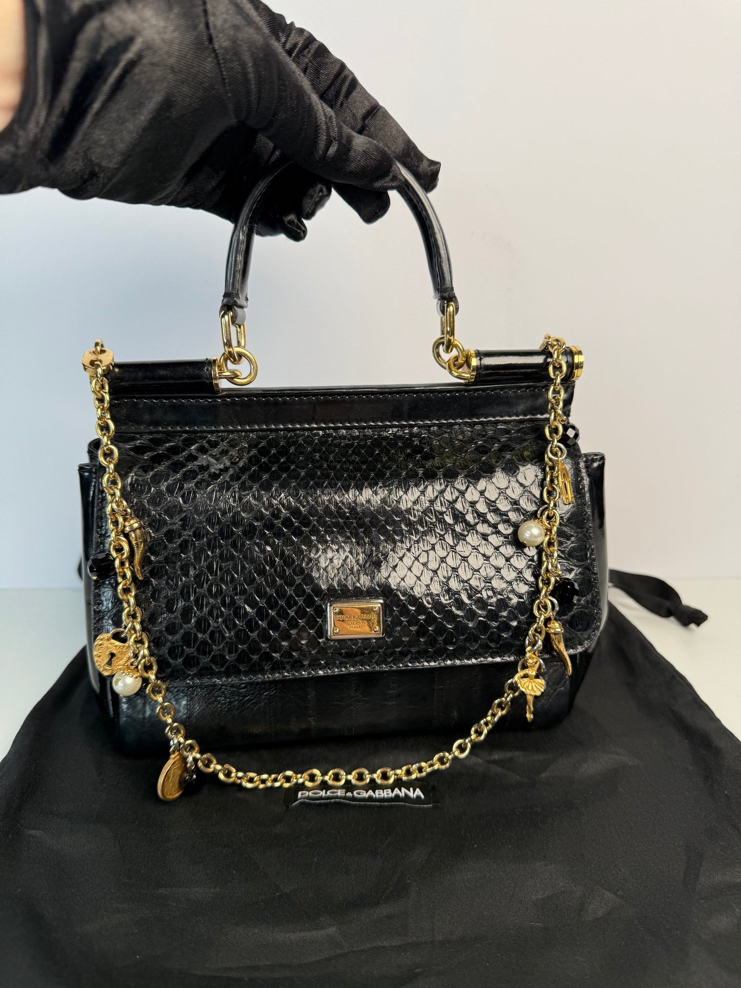 Dolce Gabbana Limited Edition Black Python/Eel Small Miss Sicily Bag